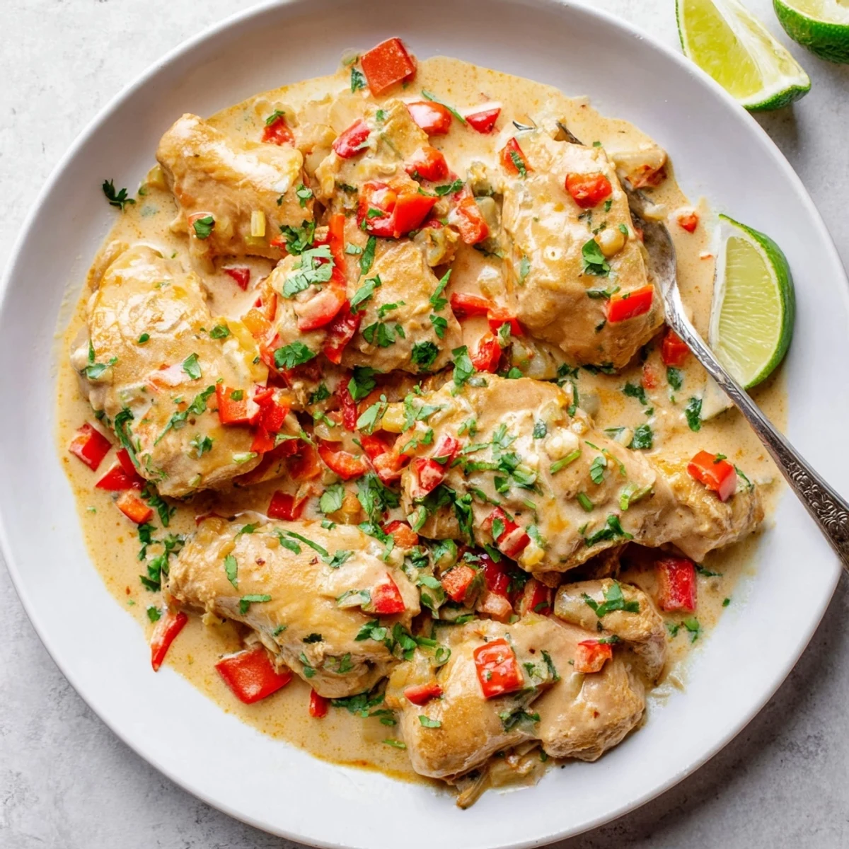 Creamy coconut curry chicken garnished with fresh cilantro and served with lime wedges