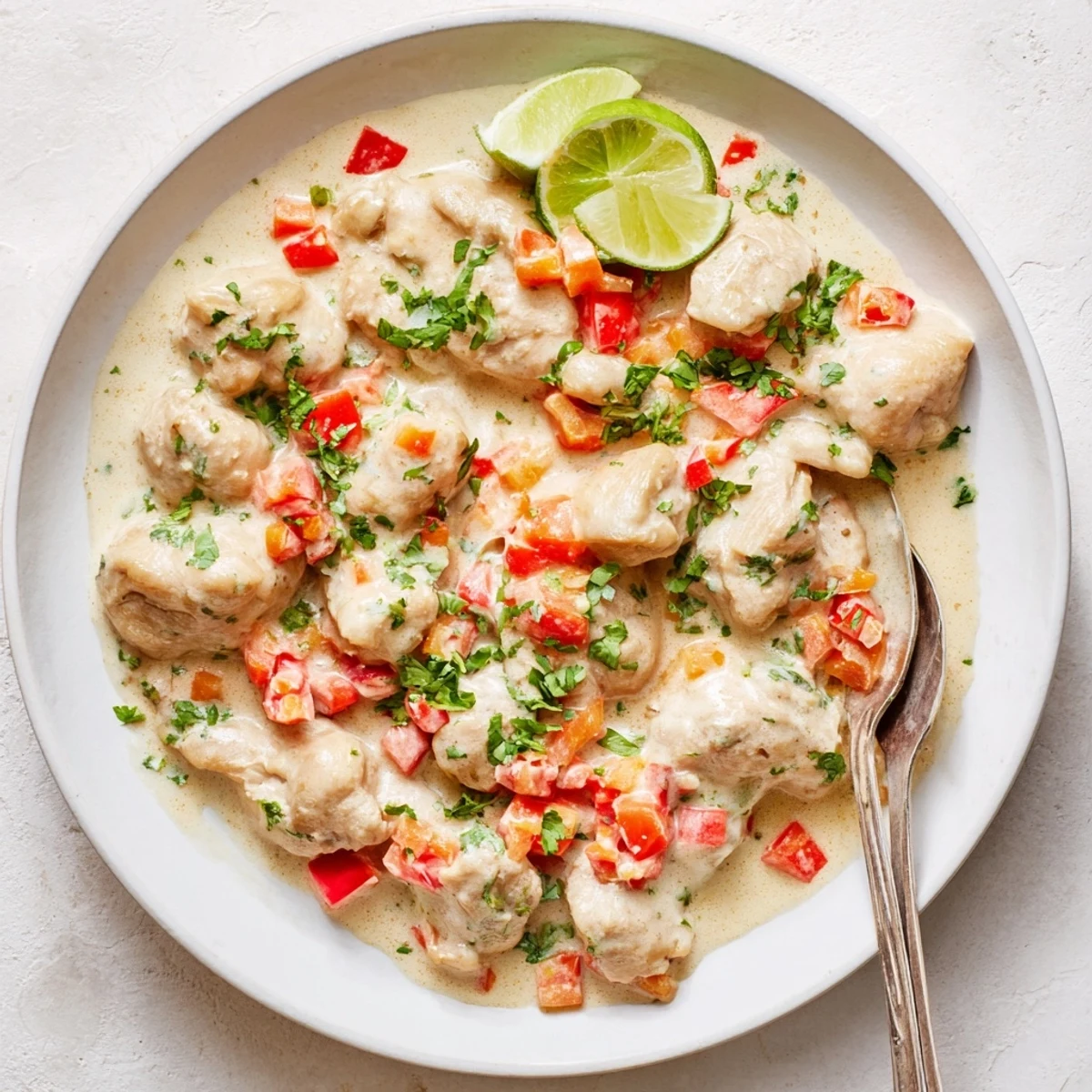 Golden chicken pieces swimming in rich spicy Brazilian coconut sauce with colorful bell peppers