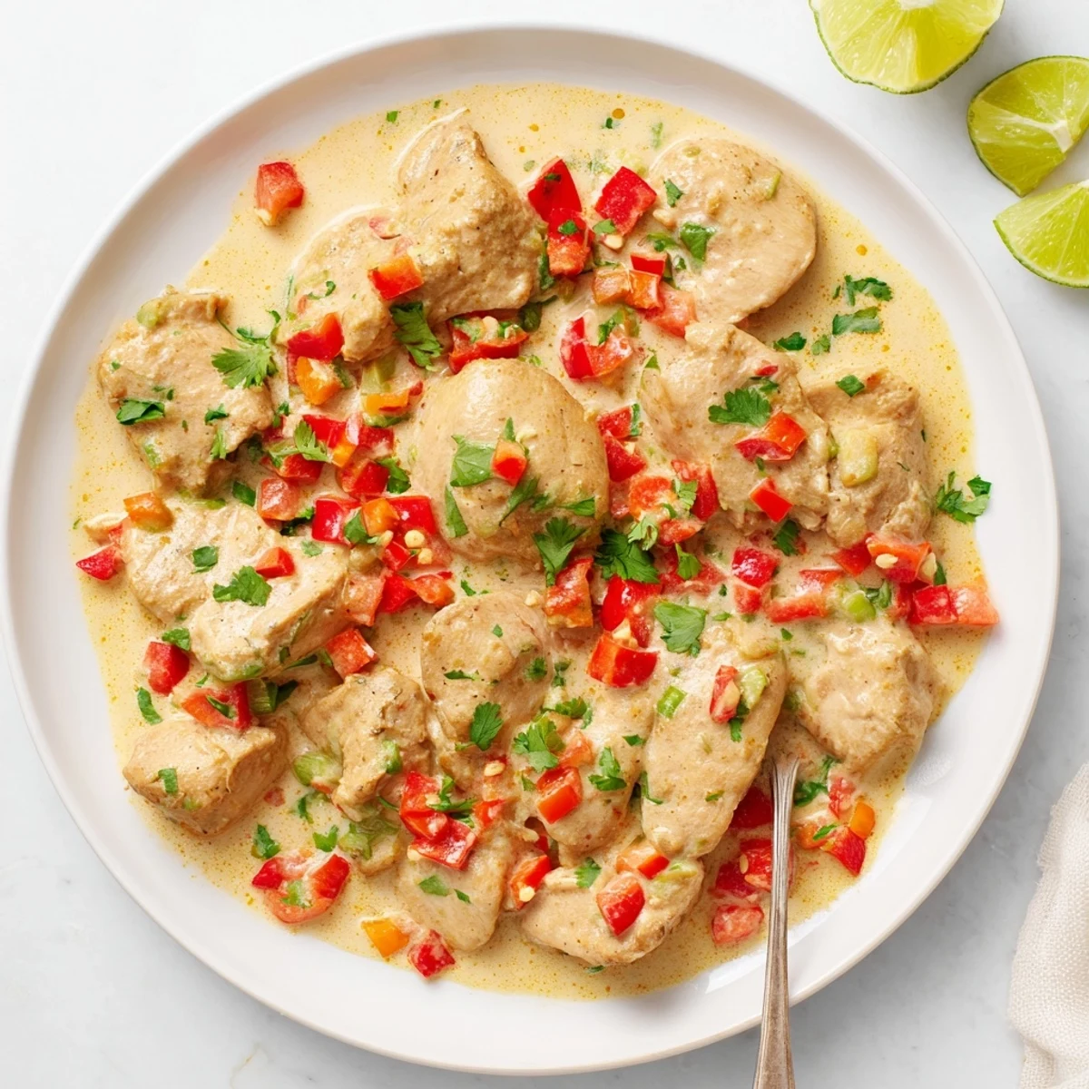 Tender Brazilian coconut chicken simmered in aromatic red sauce with diced tomatoes