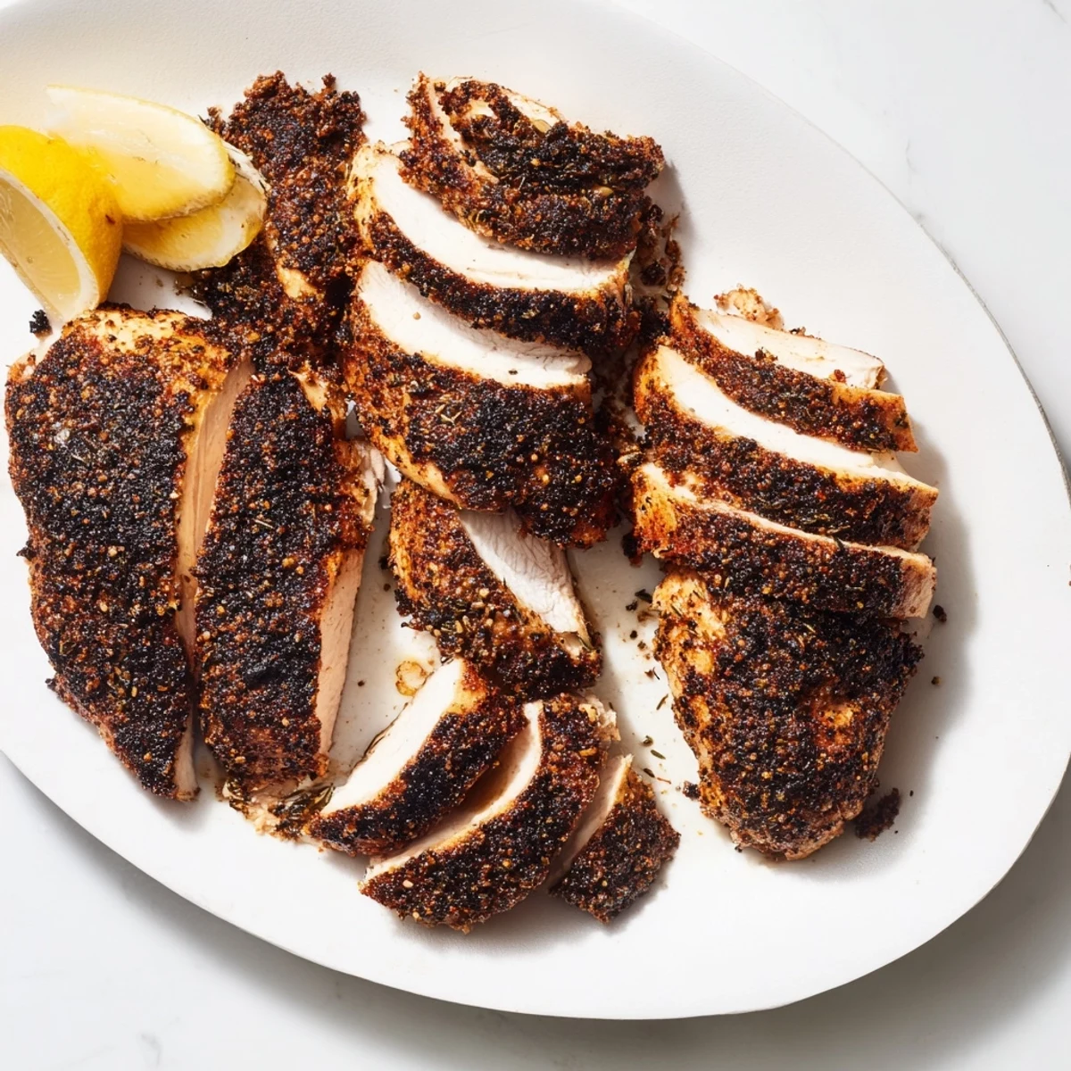 Juicy Cajun-spiced chicken pieces with smoky seasoning and lemon wedges on white plate