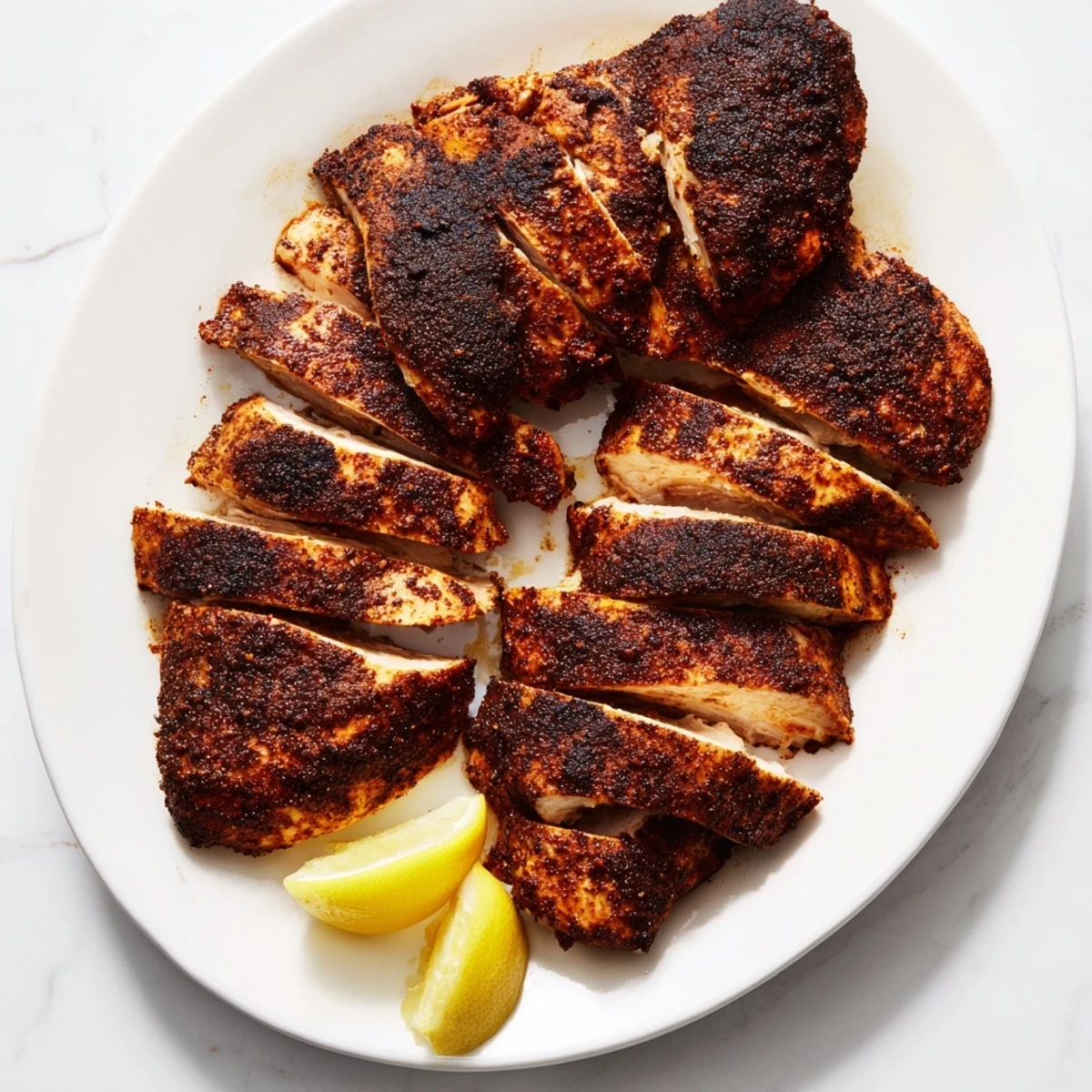 Golden blackened chicken breast with dark spicy crust seared in cast iron skillet