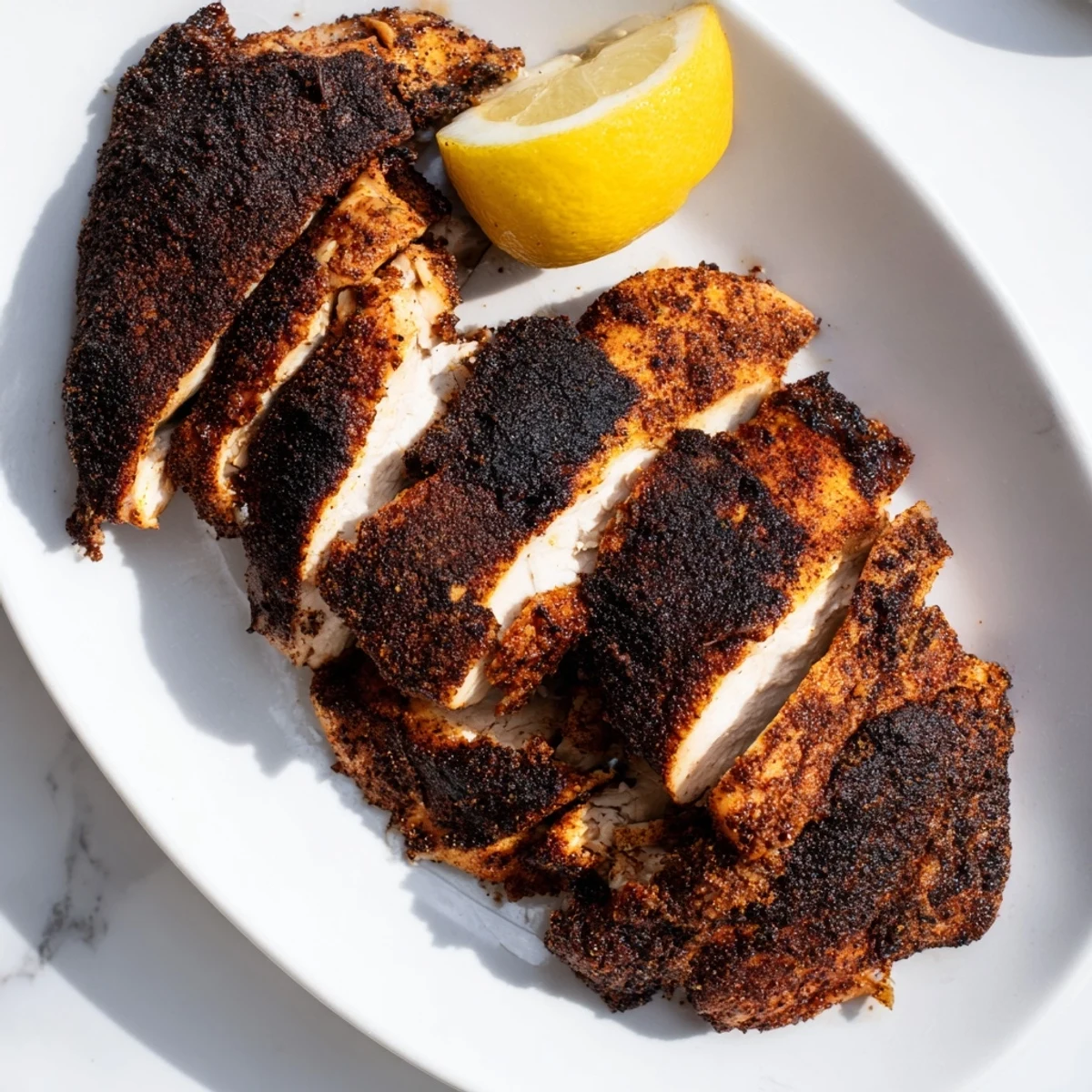 Perfectly cooked blackened chicken sliced open showing moist interior with charred edges