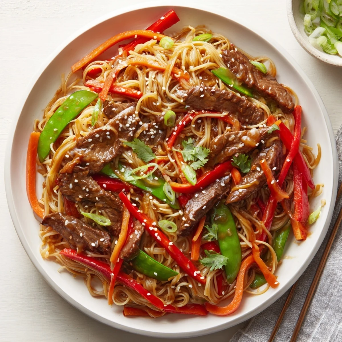 Easy sticky beef noodles recipe featuring seared beef and fresh vegetables in a hoisin soy sauce, garnished with sesame seeds