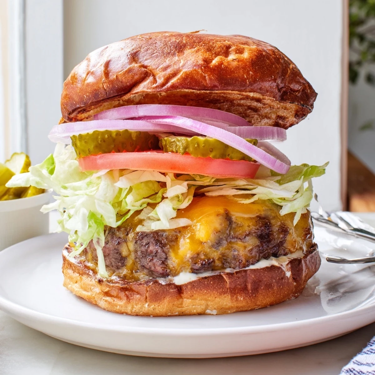 Mouthwatering classic American smash burger with caramelized cheese edges served on buttered potato bun