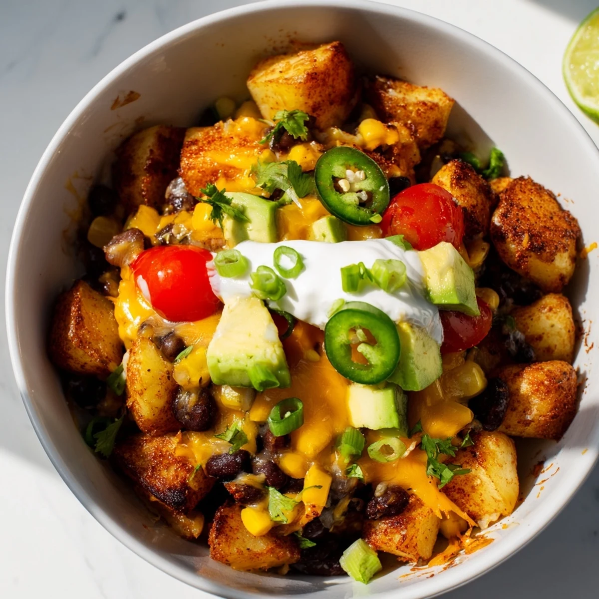 Golden roasted Loaded Fiesta Potato Bowls topped with melted cheddar, black beans, fresh avocado, and zesty cilantro