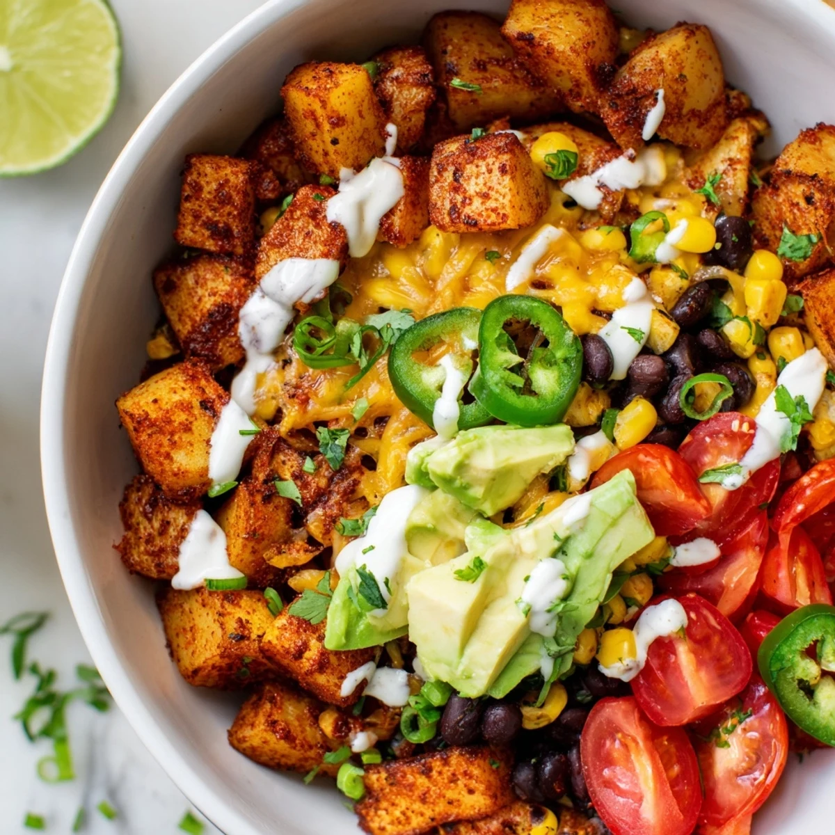 Crispy spiced potato bowl piled high with Tex-Mex toppings including corn, tomatoes, jalapeños, and creamy sour cream