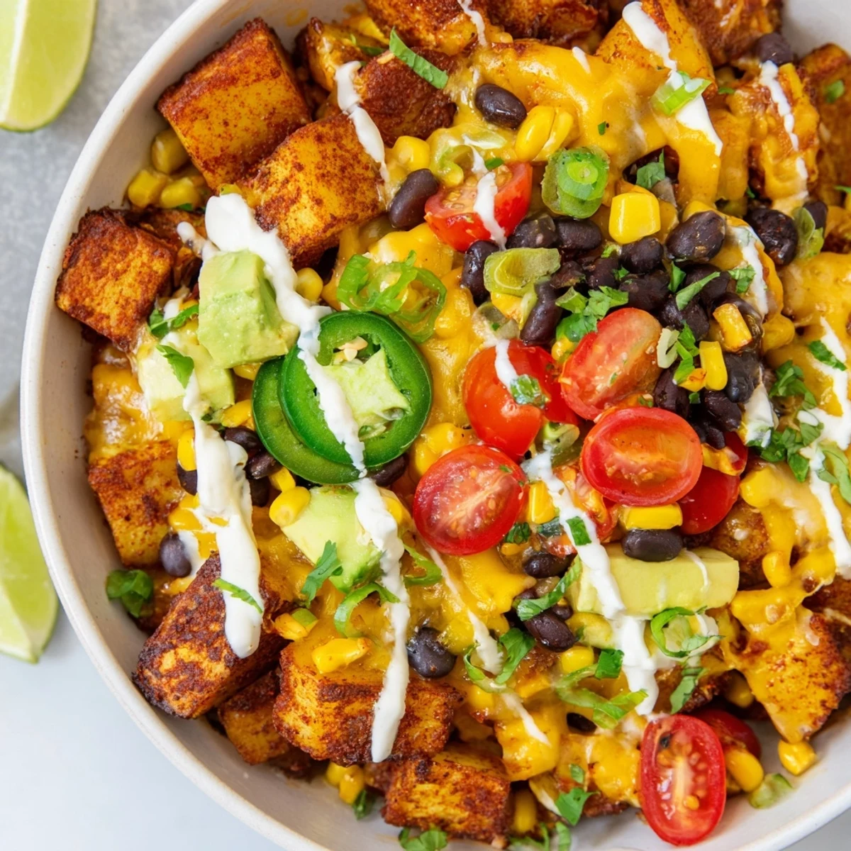 Vegetarian Loaded Fiesta Potato Bowls featuring cheese-covered potatoes with colorful beans, avocado, and lime wedges