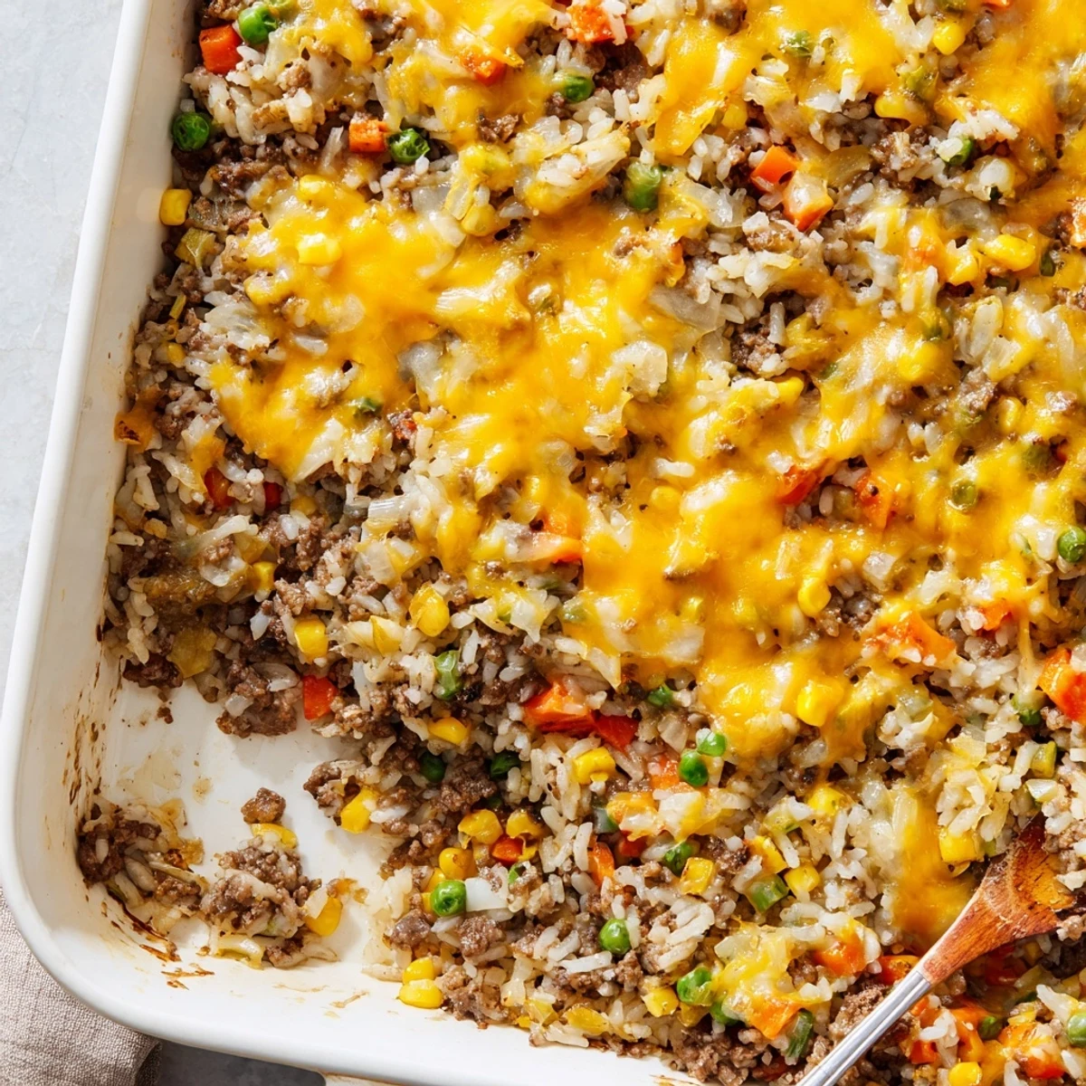 Golden cheesy ground beef and rice casserole topped with melted cheddar and mixed vegetables bubbling in a baking dish