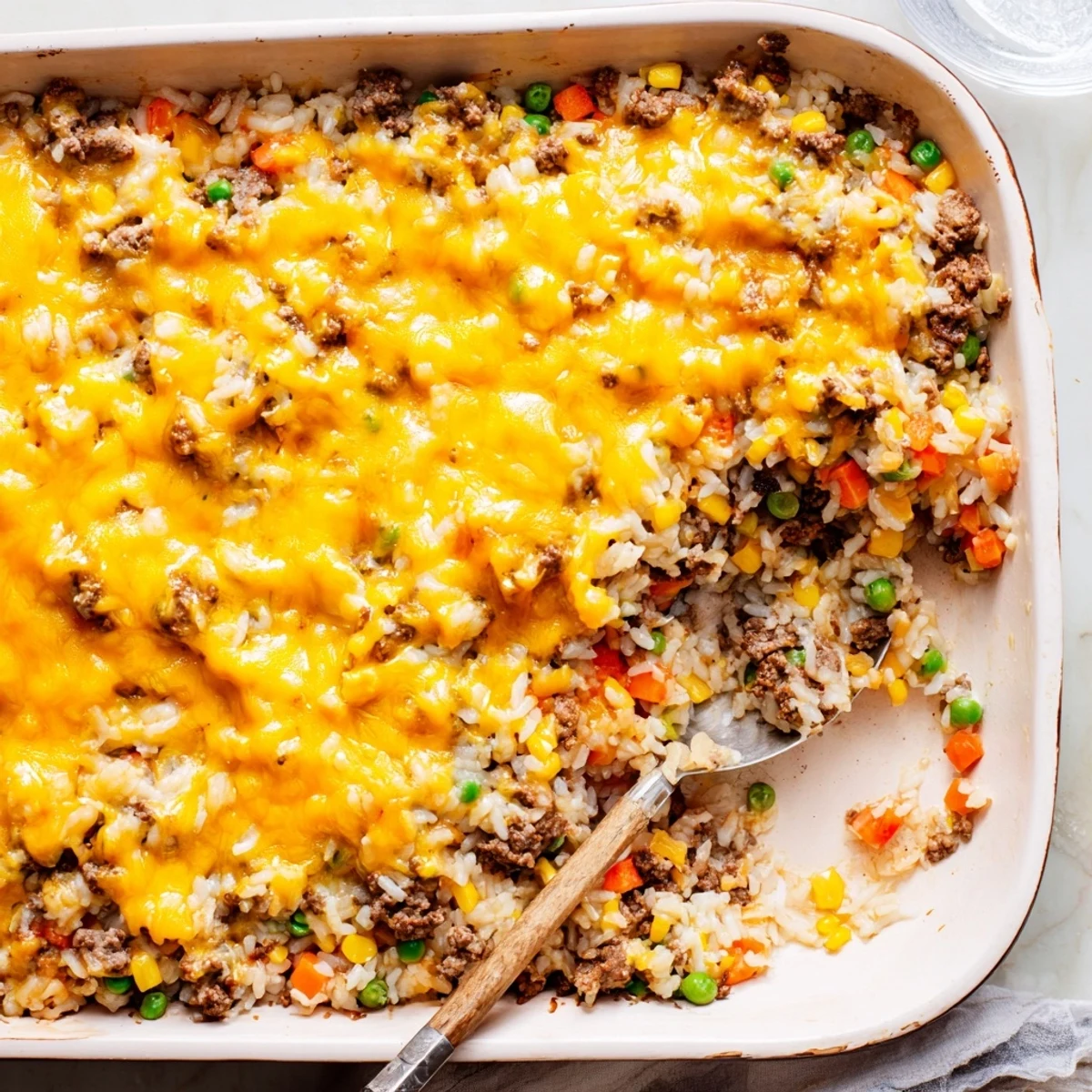 Comforting ground beef and rice casserole fresh from the oven with a crispy cheesy crust and tender seasoned beef