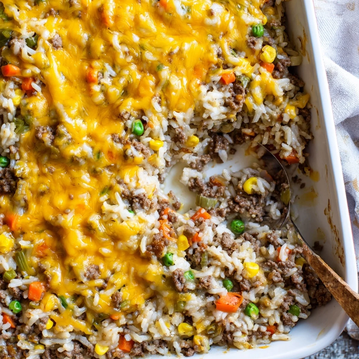 Creamy ground beef and rice casserole sprinkled with shredded cheddar cheese featuring a fluffy texture perfect for family dinner