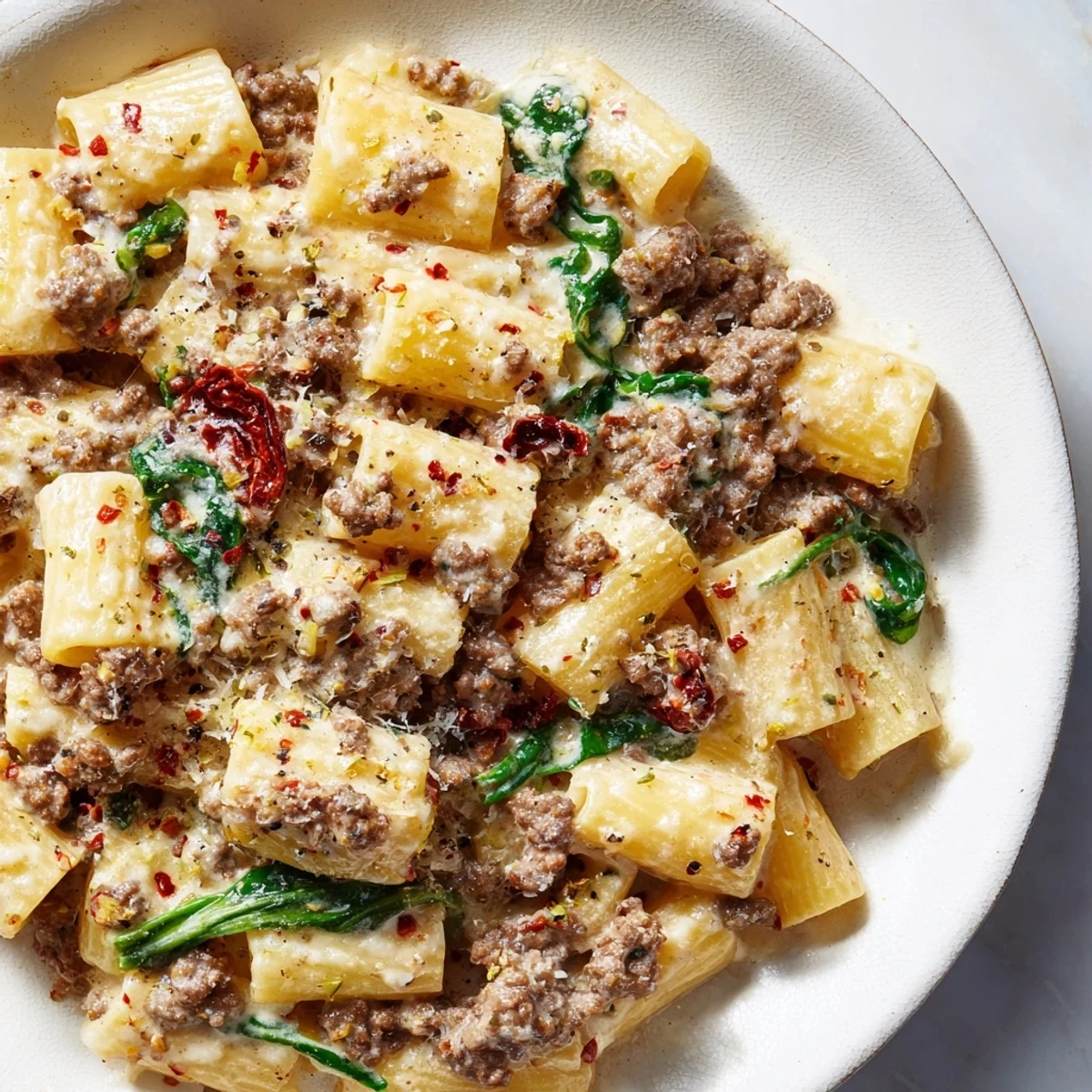Creamy Marry Me Ground Beef Pasta with parmesan sauce and sun-dried tomatoes served in a white bowl