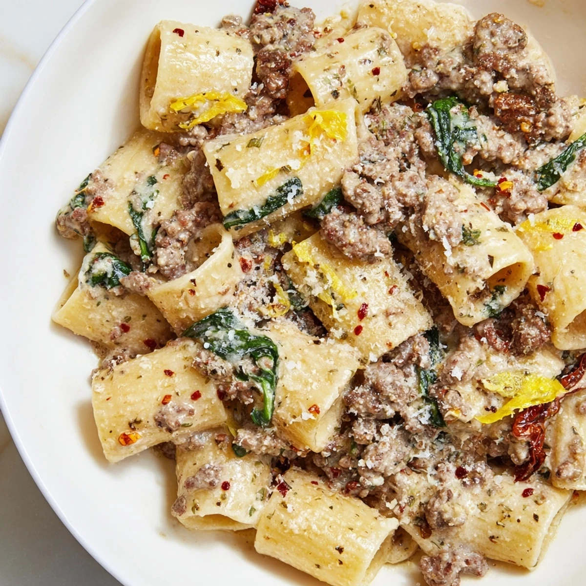 Spoon twirling Marry Me Ground Beef Pasta featuring melted parmesan and tender sun-dried tomato pieces