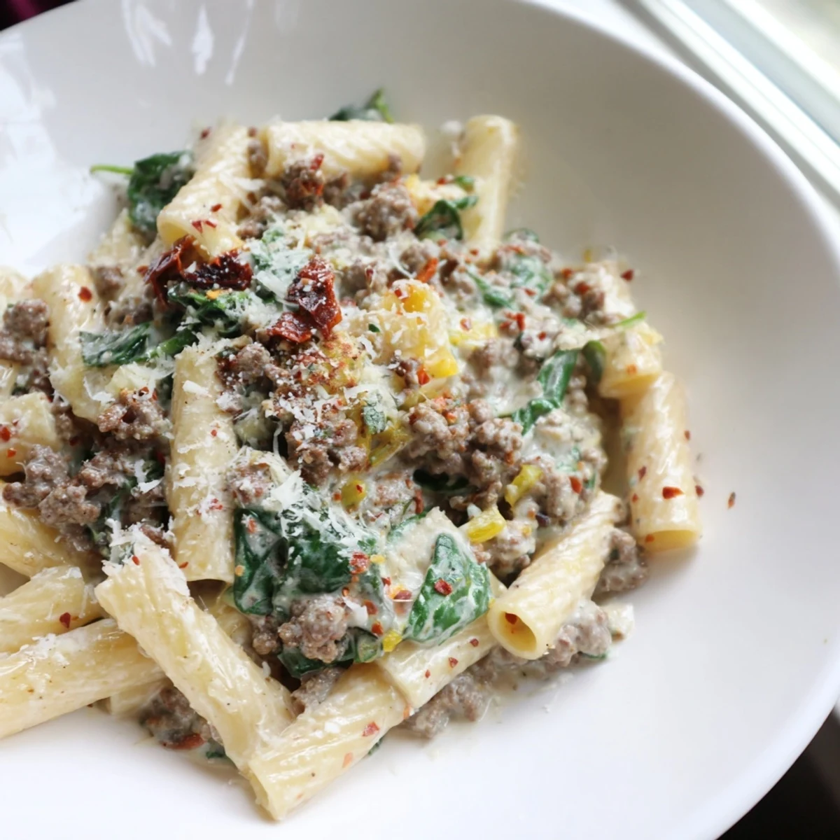 Rigatoni pasta tossed with seasoned ground beef in a rich cream sauce garnished with fresh basil