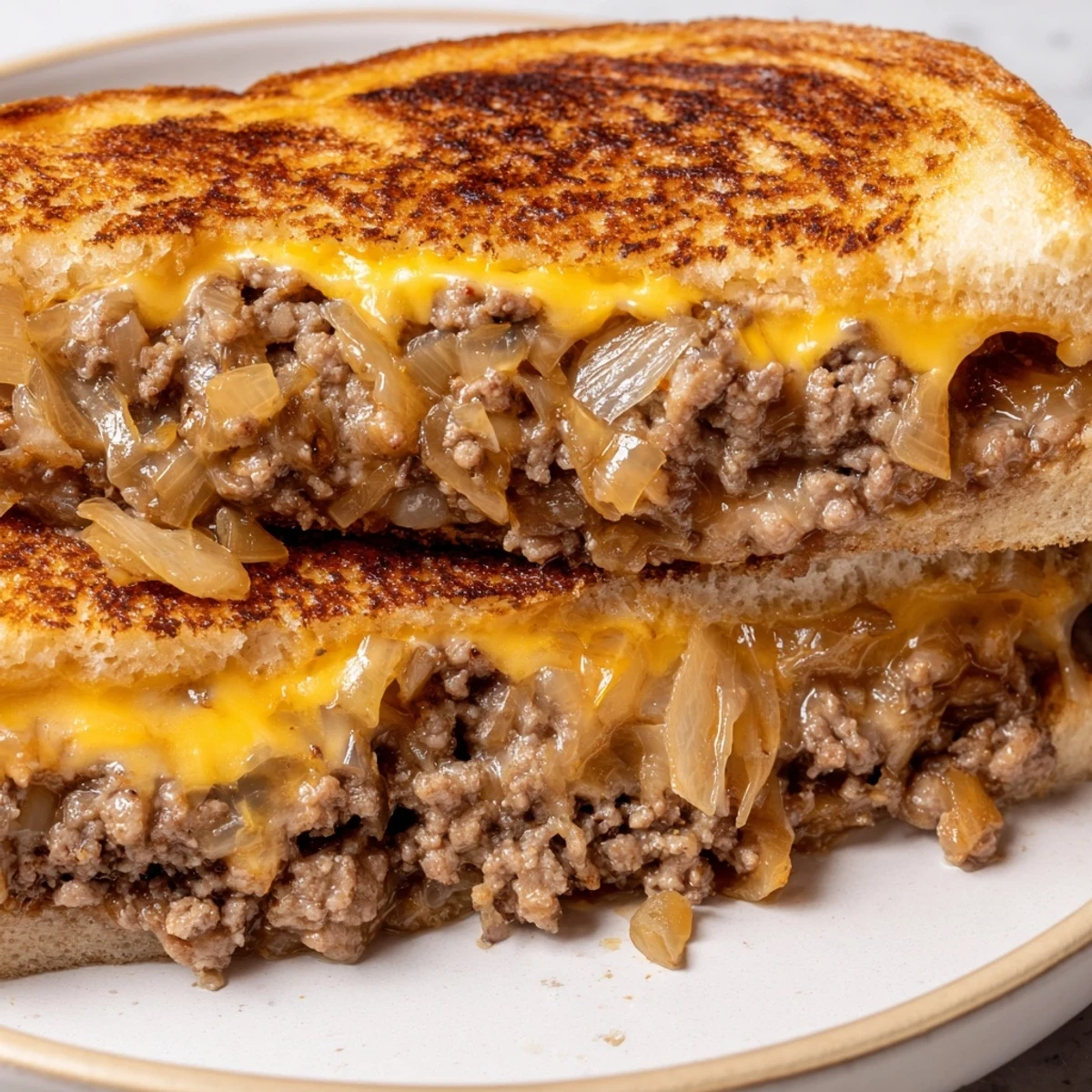 Golden toasted cheesy ground beef melt sandwich with seasoned meat and melted cheddar oozing from thick-cut bread