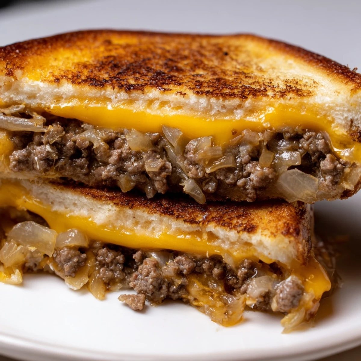 Ultimate cheesy ground beef melt stacked with savory beef mixture and gooey mozzarella cheese on buttered sourdough