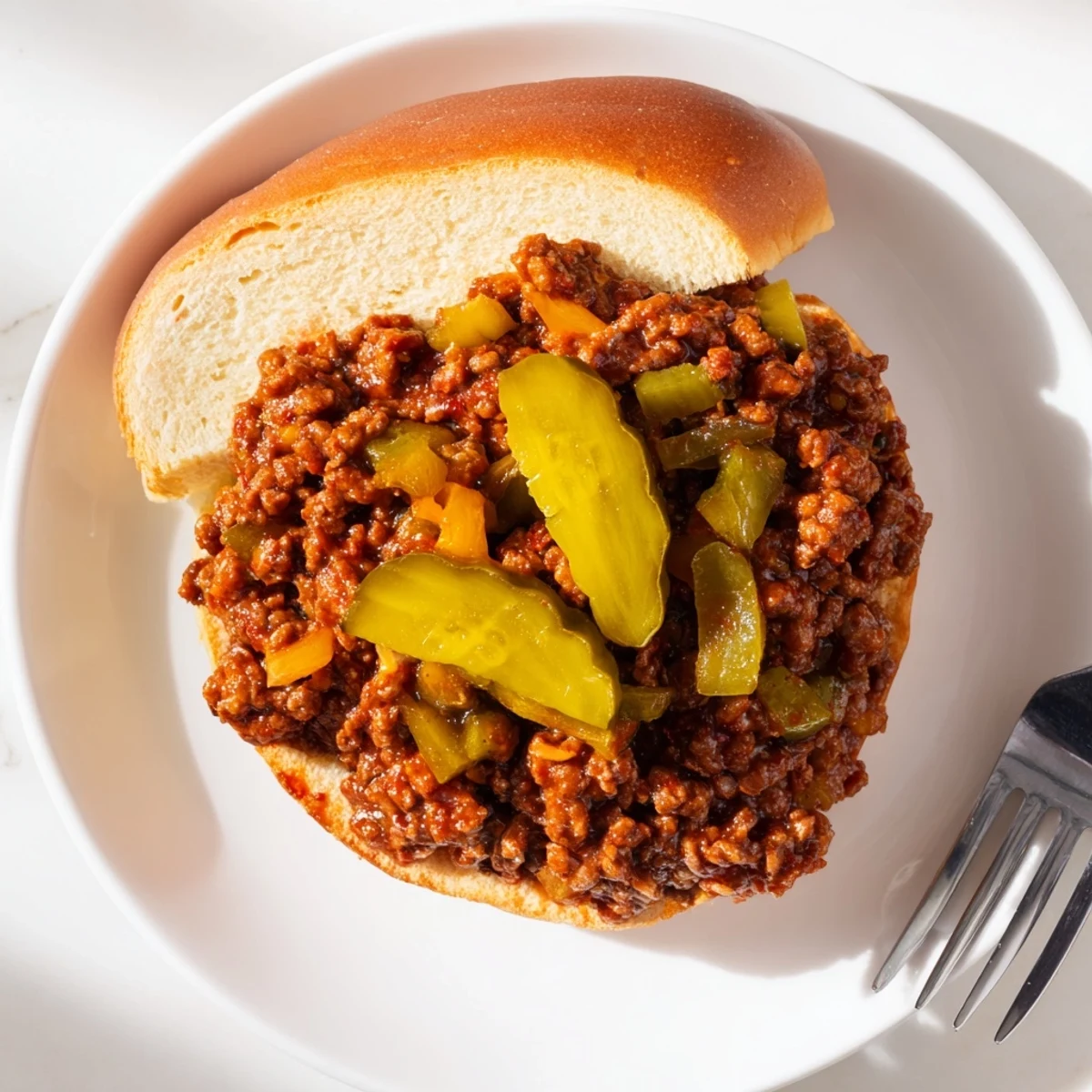 Sloppy joes with tangy seasoned beef mixture served on open-faced toasted hamburger buns