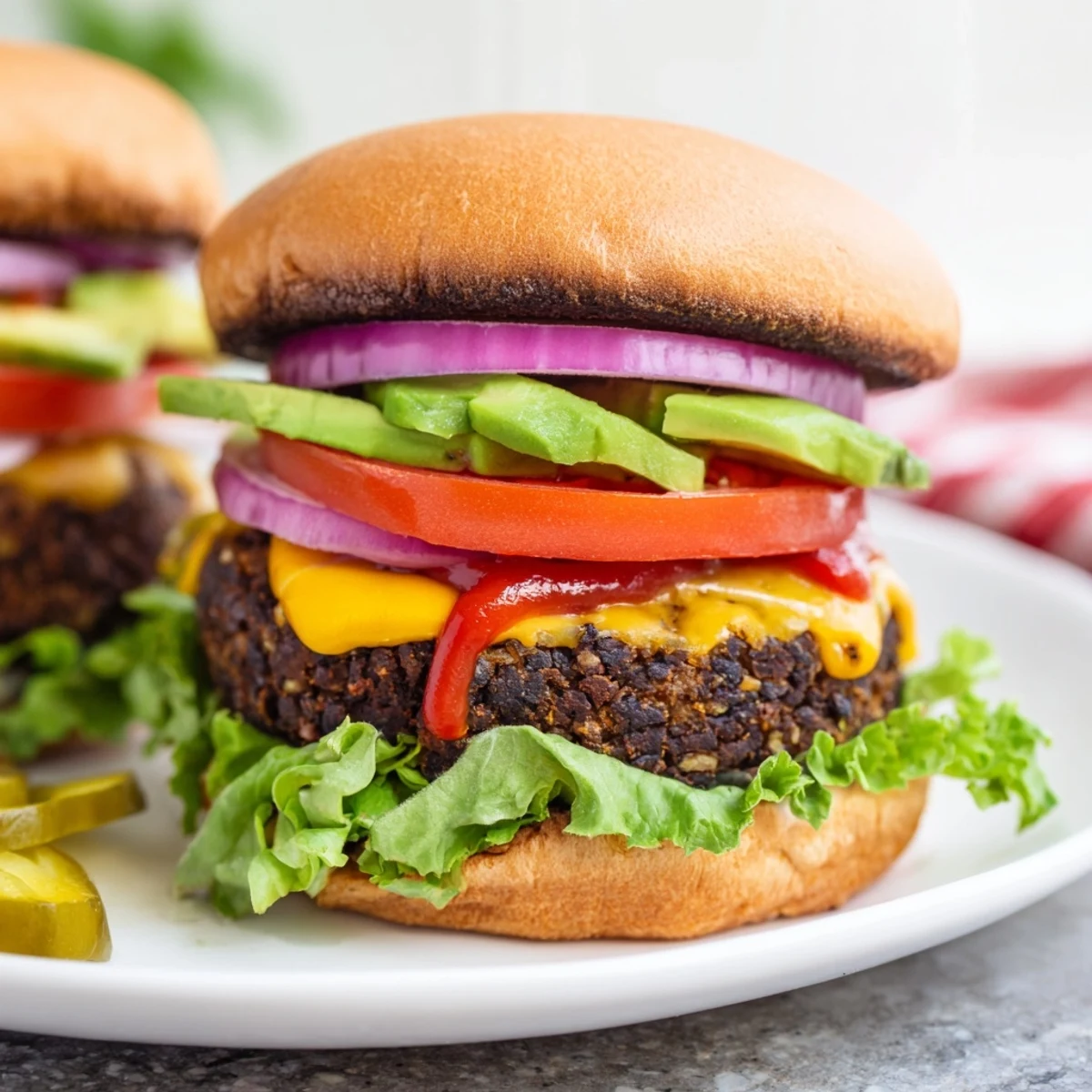 Golden crispy black bean burger patty topped with crisp lettuce and savory red onion rings