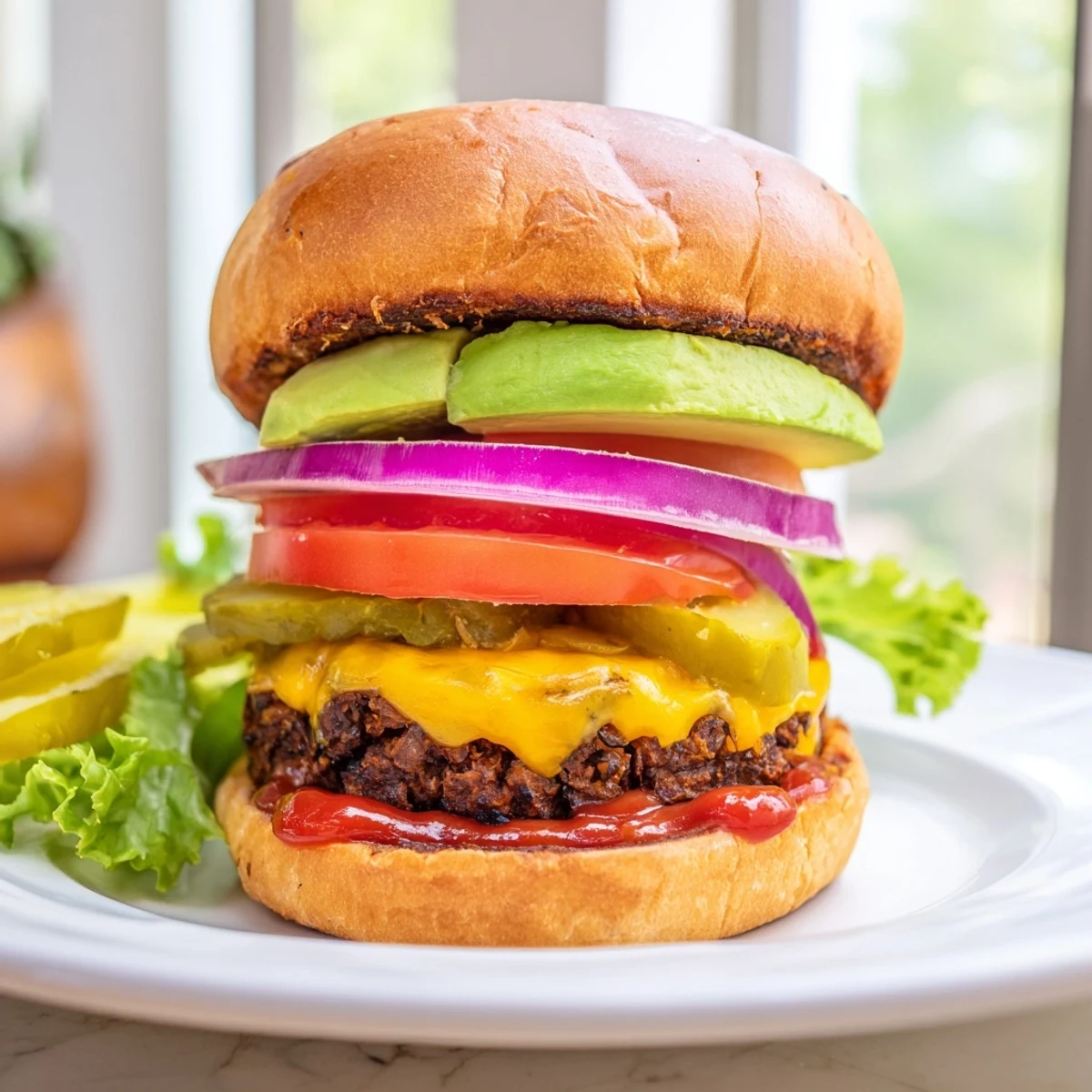Hearty black bean burger stacked with fresh avocado, tomato, and melted cheddar on a toasted bun