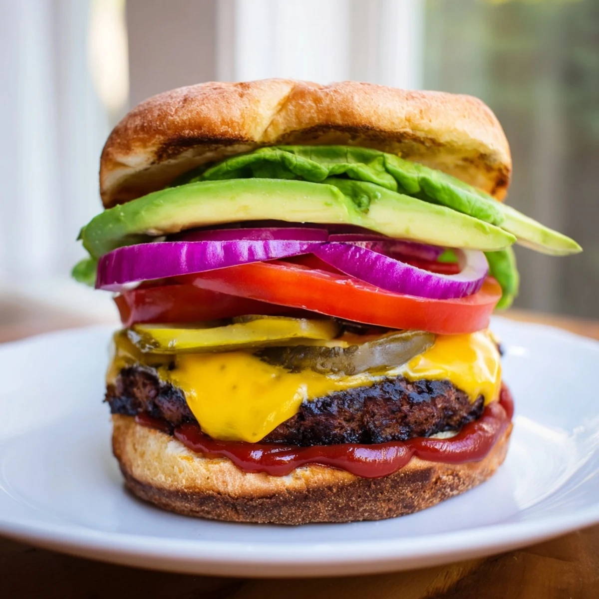Homemade epic black bean burger with creamy mayo, sliced tomato, and ripe avocado on sesame bun