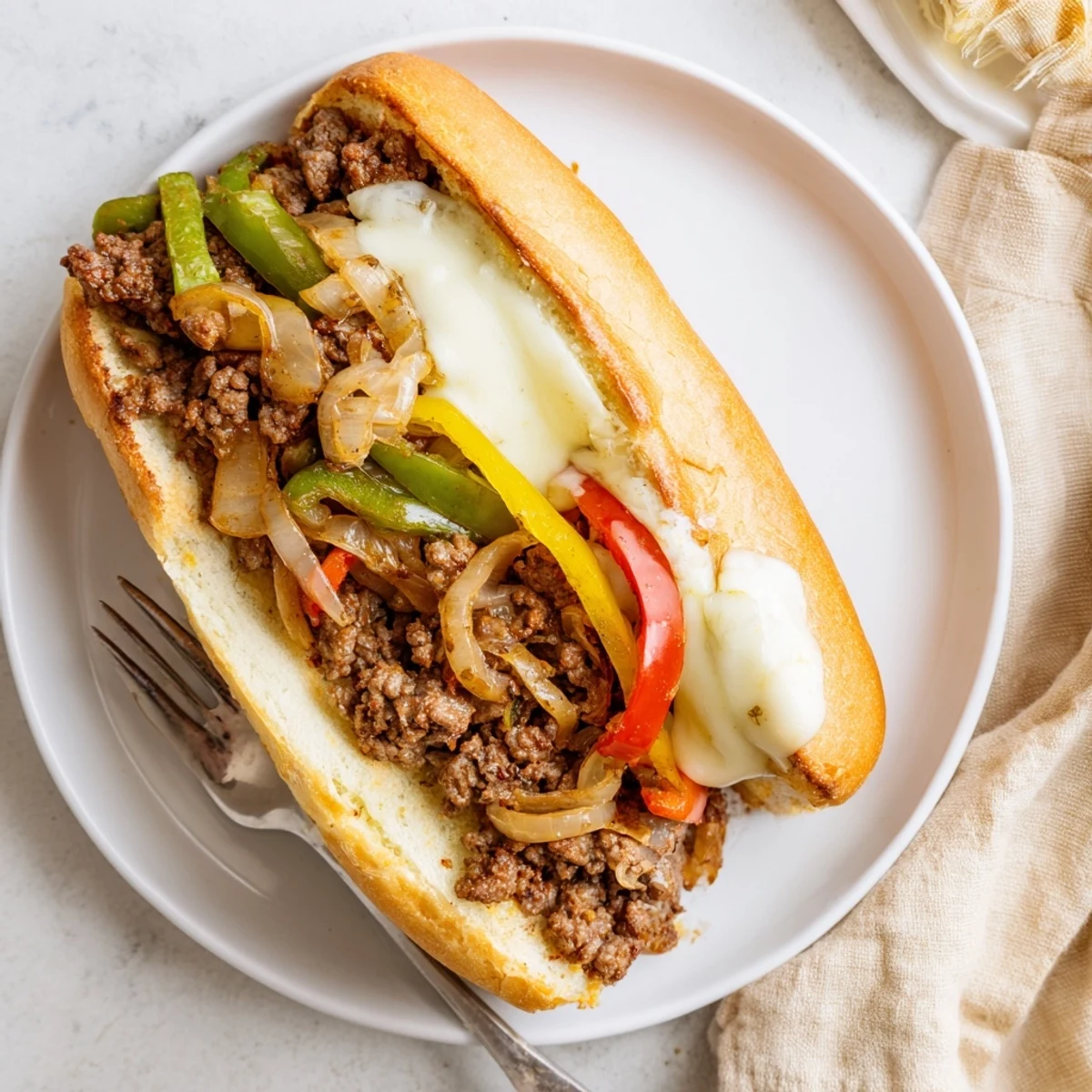 Golden brown ground beef Philly cheesesteaks piled high with melted provolone cheese on toasted hoagie rolls