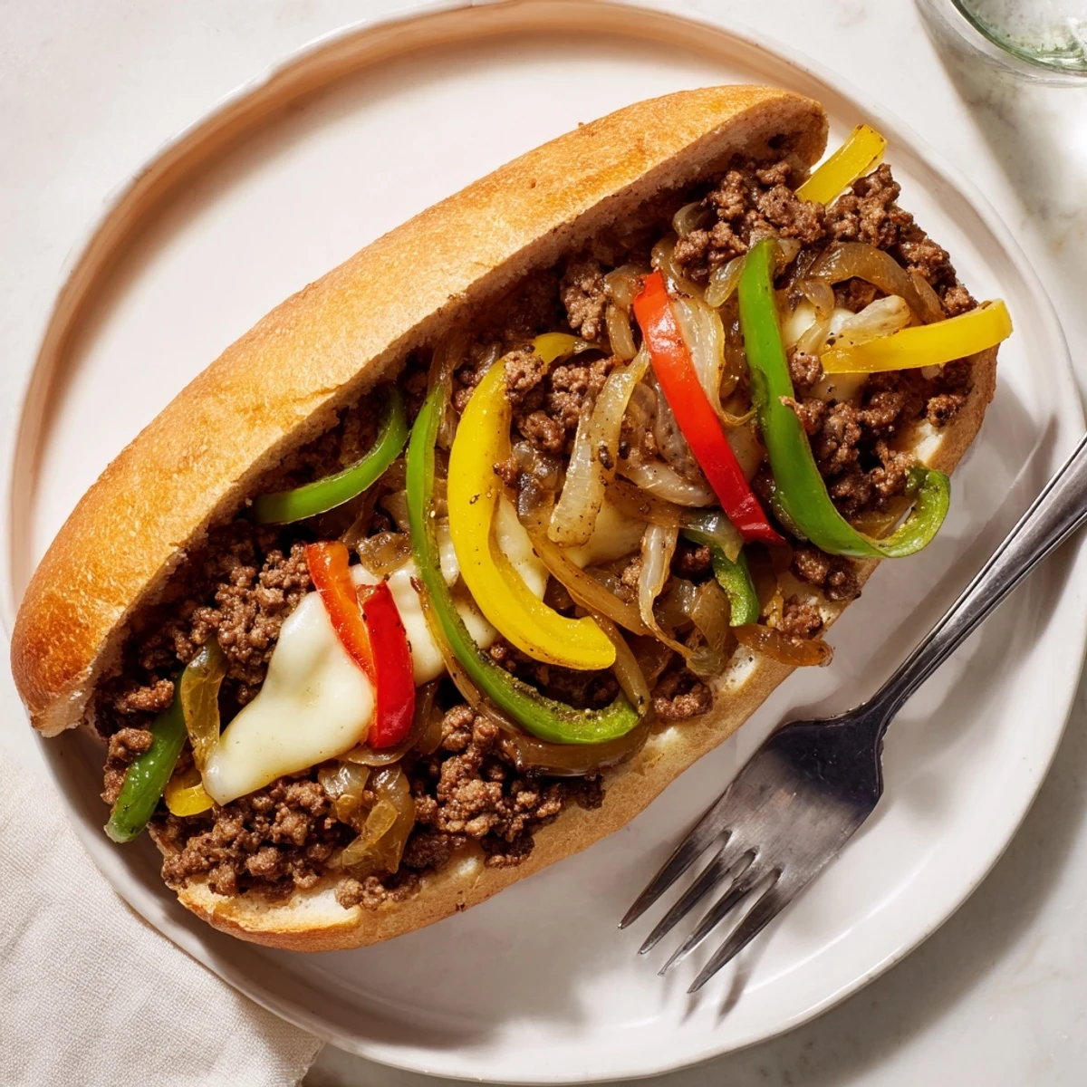 Savory ground beef Philly cheesesteak sandwich overflowing with sautéed colorful peppers and onions in a toasted bun
