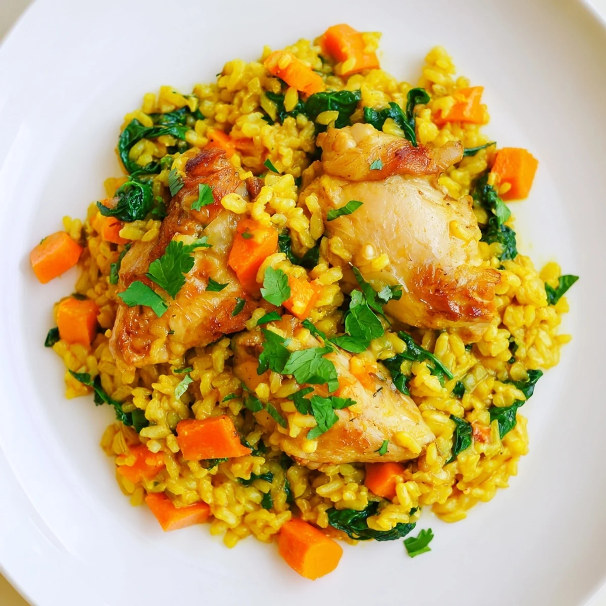 Golden turmeric chicken rice bowl featuring tender chicken pieces with vibrant spinach and fresh cilantro garnish