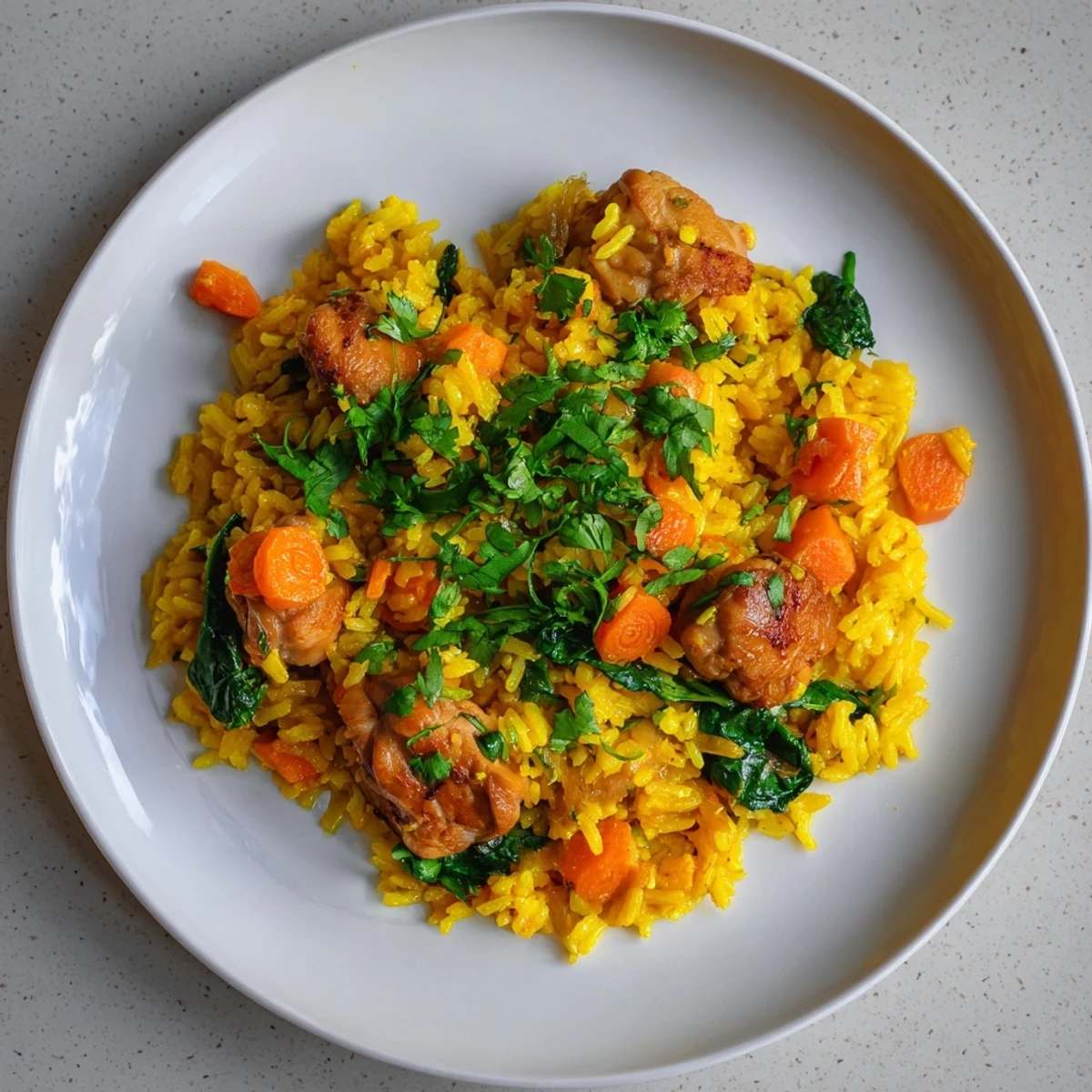 One-pot anti-inflammatory turmeric chicken rice steaming with aromatic spices and tender vegetables on a white platter