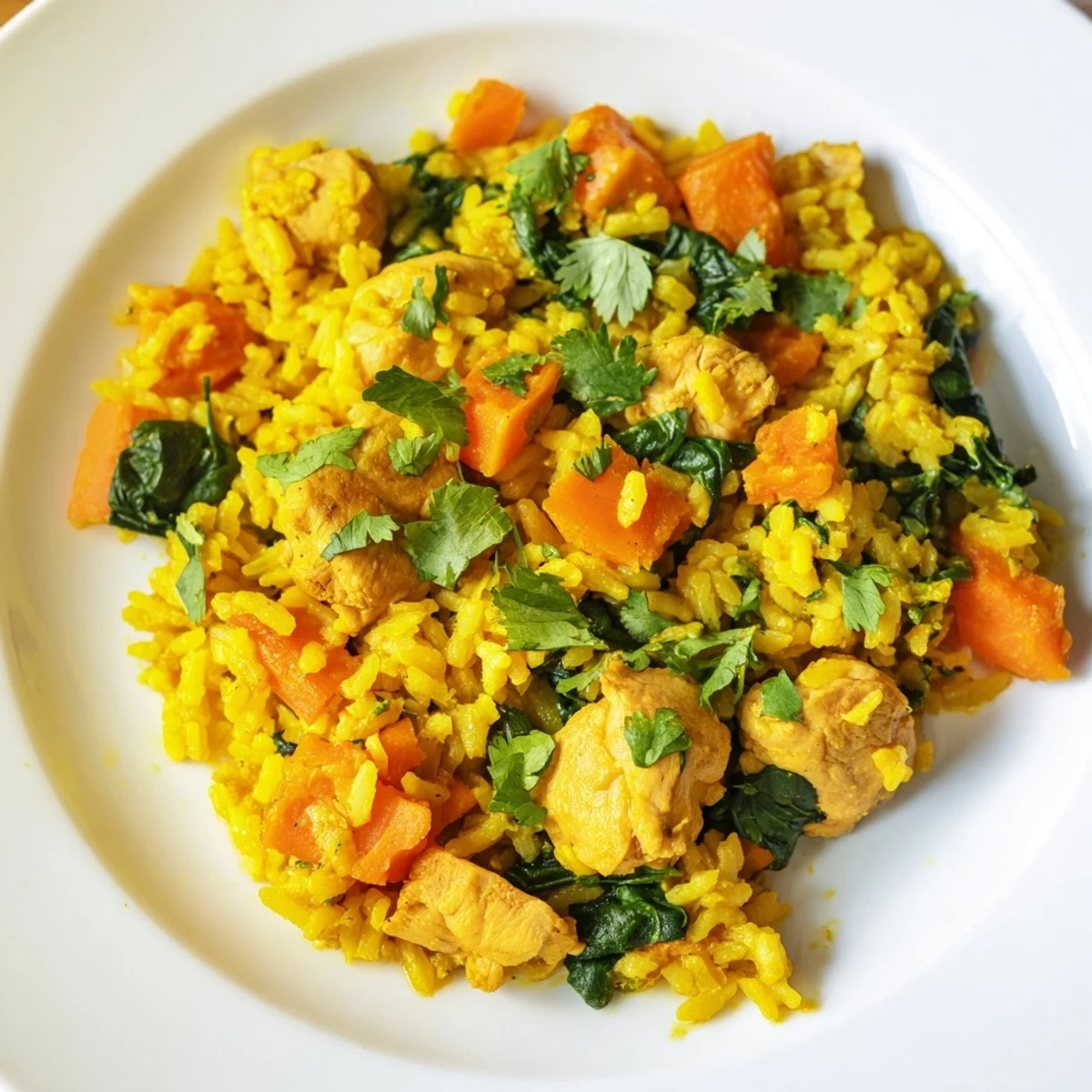 Fluffy turmeric-infused rice with juicy chicken topped with fresh herbs and served alongside lemon wedges