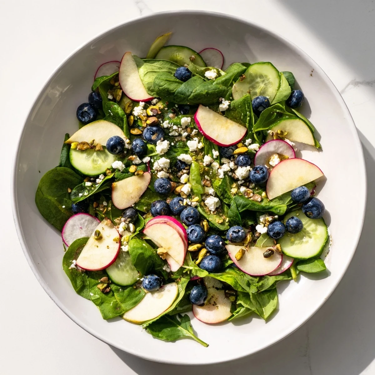 Fresh blueberry pistachio spring salad with feta cheese in white bowl