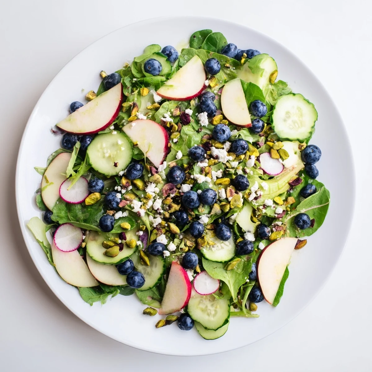 Colorful blueberry pistachio spring salad featuring fresh greens and tangy feta cheese