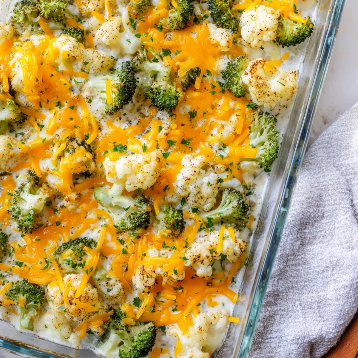 Golden bubbly keto broccoli cauliflower bake with melted cheddar cheese topping