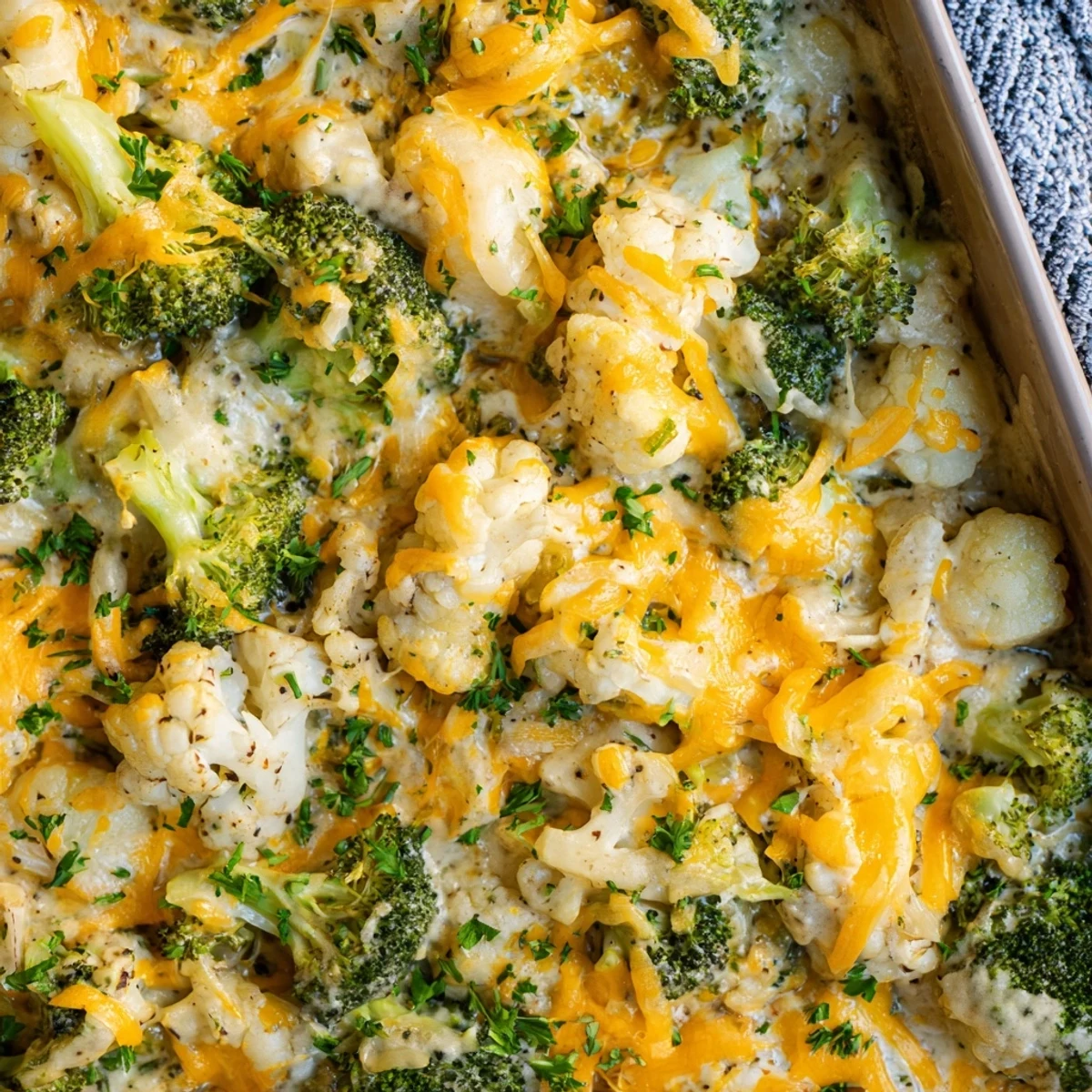 Creamy low-carb broccoli and cauliflower casserole fresh from the oven