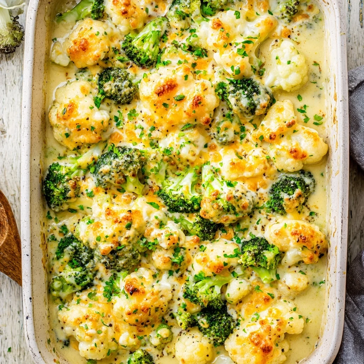 Cheesy keto broccoli cauliflower bake served in a white baking dish