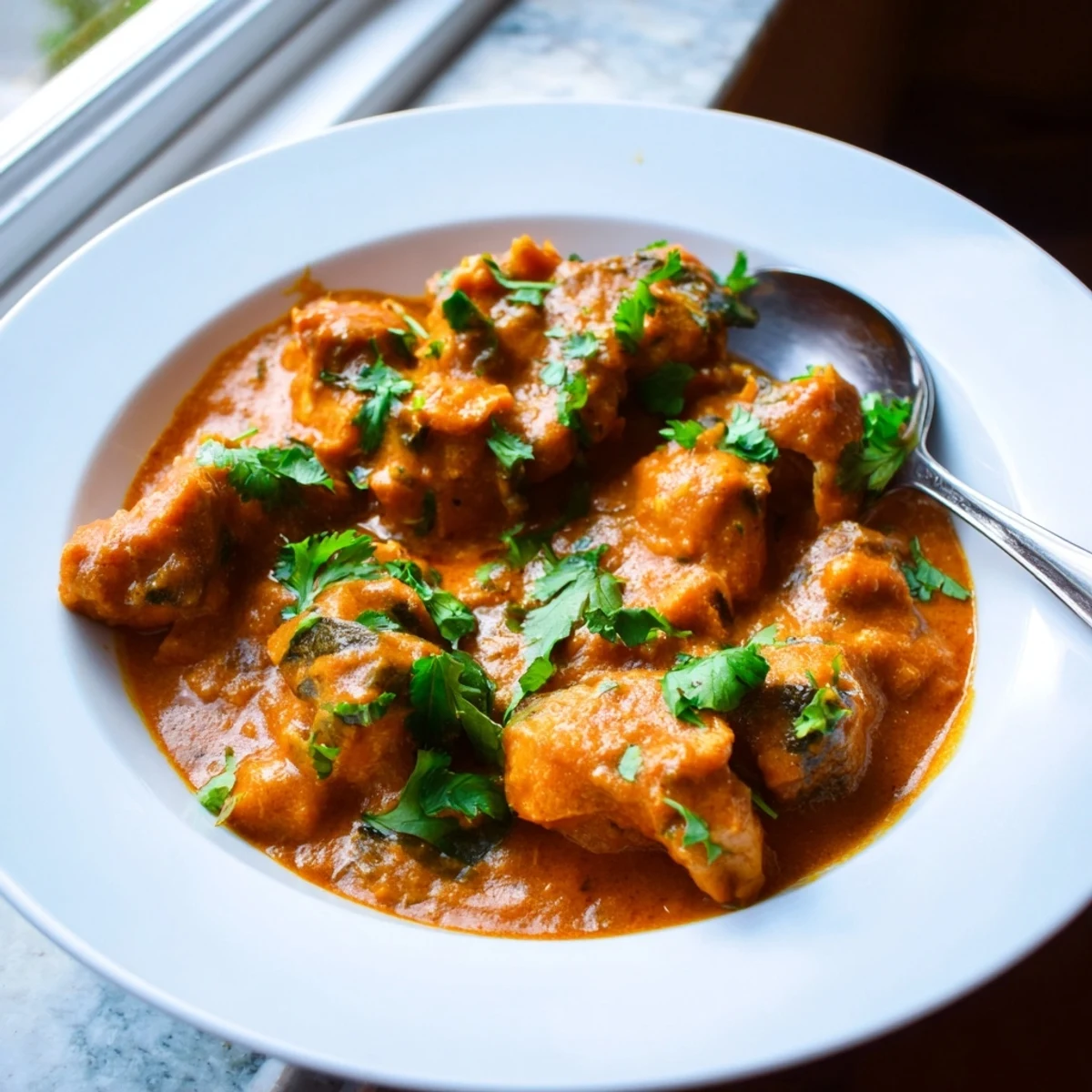 Creamy butter chicken simmered in rich tomato sauce with tender marinated pieces garnished with fresh cilantro