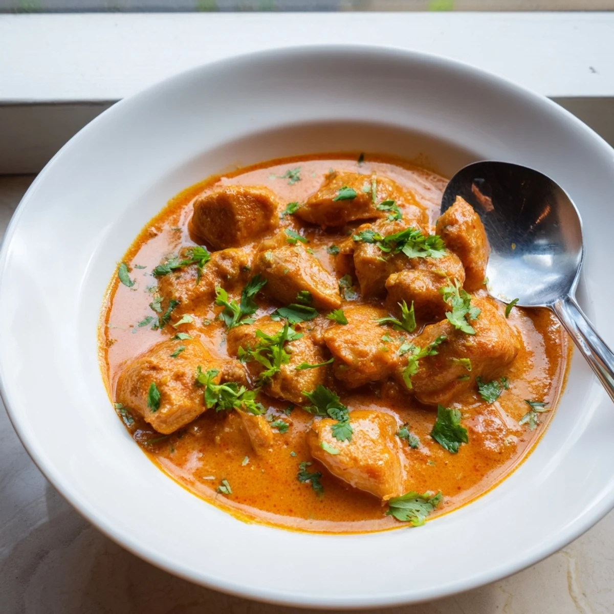 Golden chicken thighs swimming in velvety orange curry sauce finished with butter and cream over fluffy white rice
