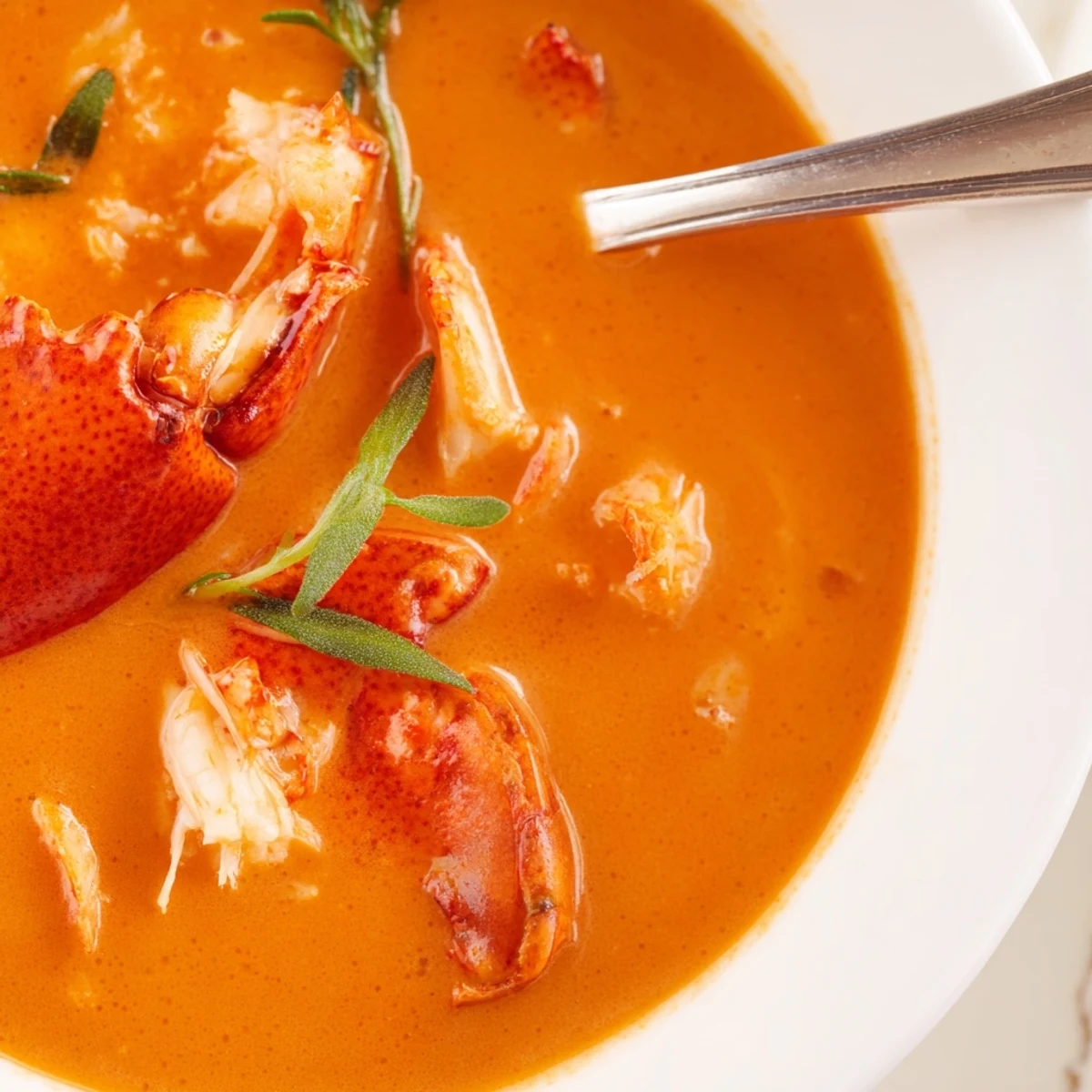 Rich velvety Gordon Ramsay lobster bisque served in white bowl with tender lobster meat topping
