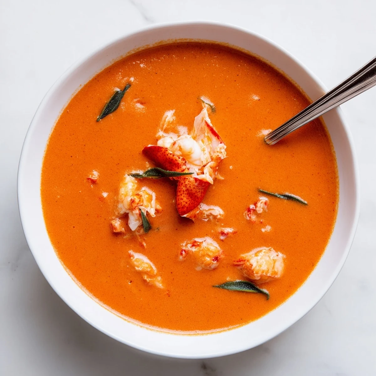 Creamy Gordon Ramsay lobster bisque garnished with fresh tarragon and succulent lobster chunks