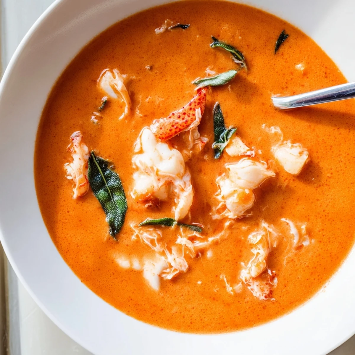 Golden red Gordon Ramsay lobster bisque featuring chopped lobster pieces and elegant herb garnish