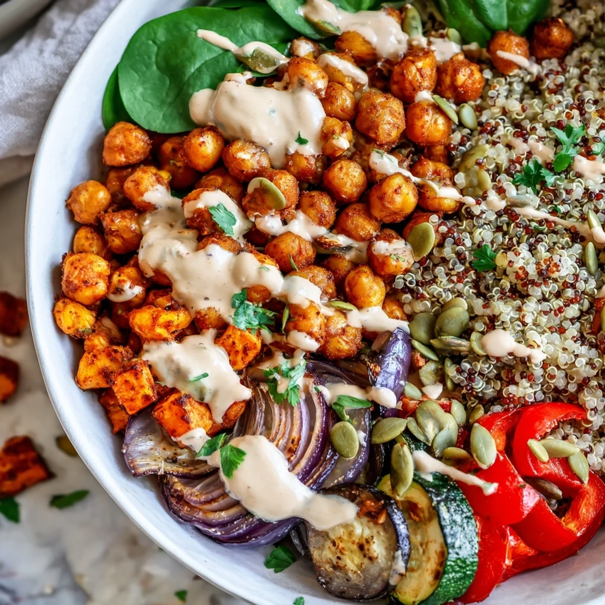 Colorful roasted chickpea and veggie bowl with fluffy quinoa and creamy tahini drizzle