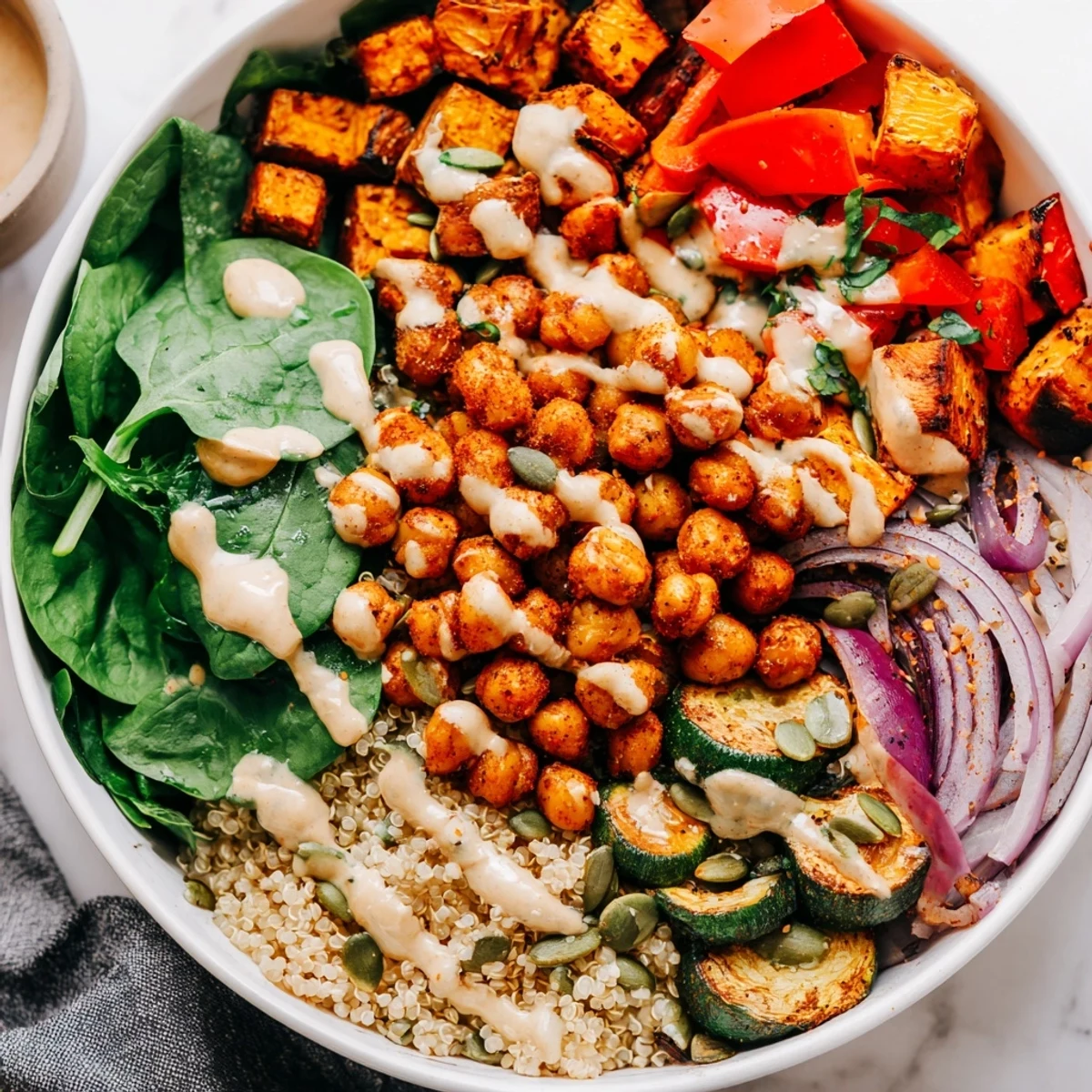 Crispy roasted chickpeas and colorful vegetables served over quinoa with tahini sauce