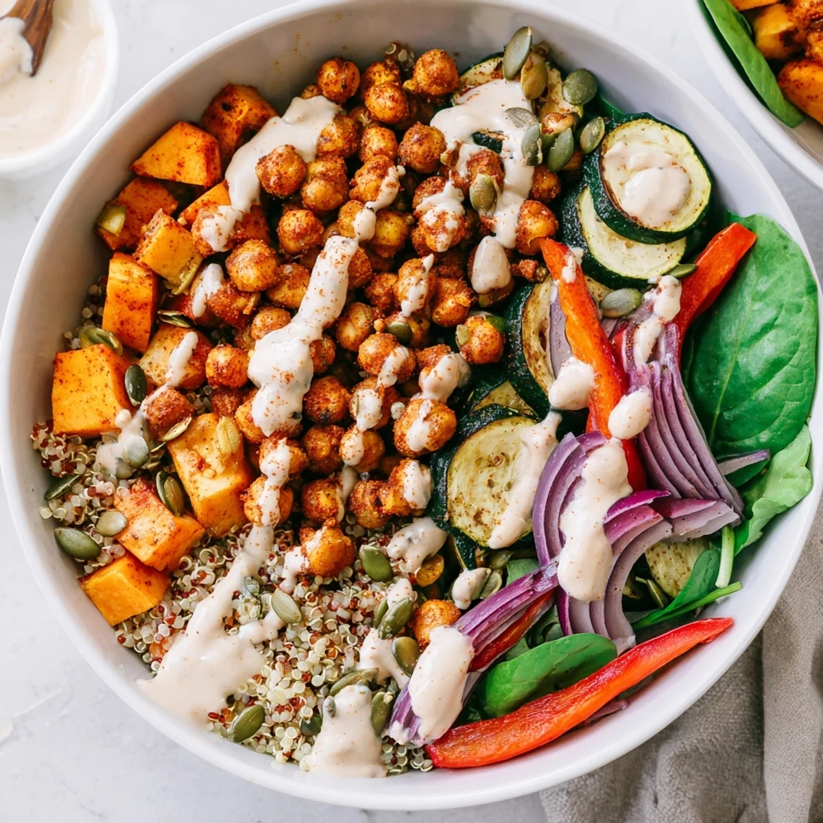 Mediterranean-inspired roasted chickpea and vegetable bowl layered over quinoa with sesame dressing
