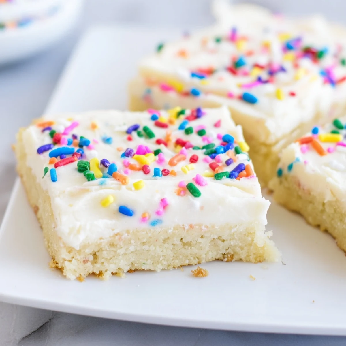 Soft sugar cookie bars topped with creamy vanilla frosting and colorful sprinkles