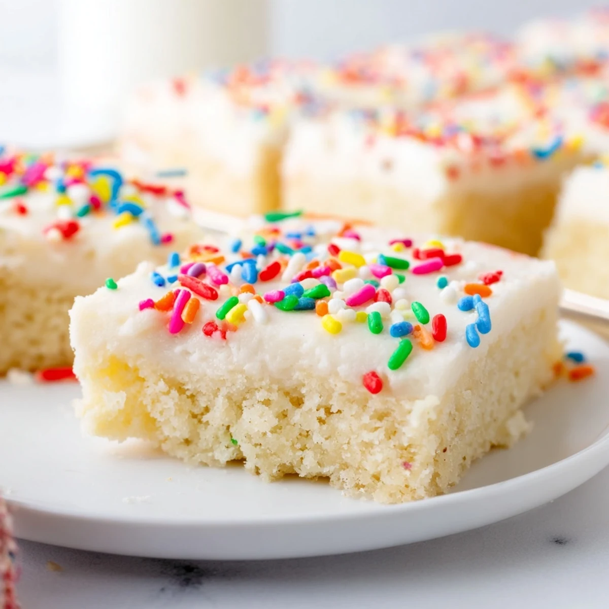 Golden baked sugar cookie bars spread with smooth white frosting for dessert