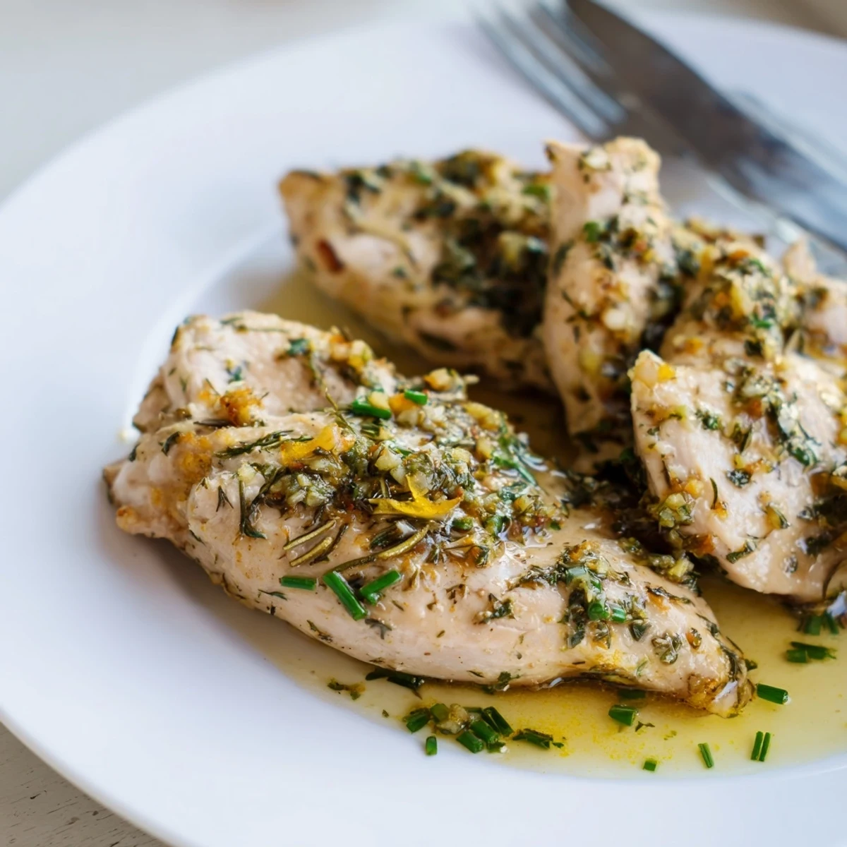 Golden brown roasted Spring Garlic Herb Chicken with fresh herbs and lemon slices