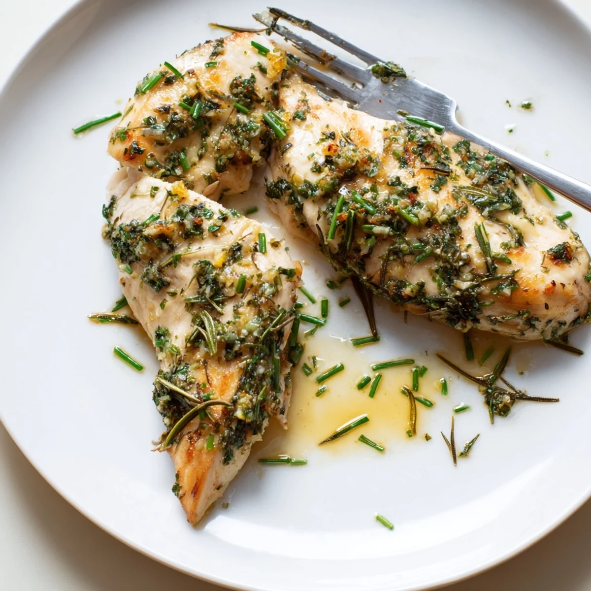 Tender sliced Spring Garlic Herb Chicken served with roasted vegetables and lemon wedges