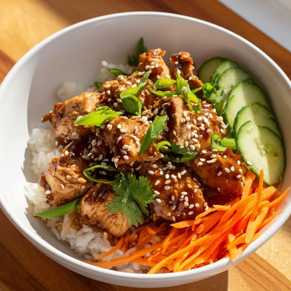 Tender chicken pieces coated in sweet savory sticky sauce served with rice and crisp veggie toppings