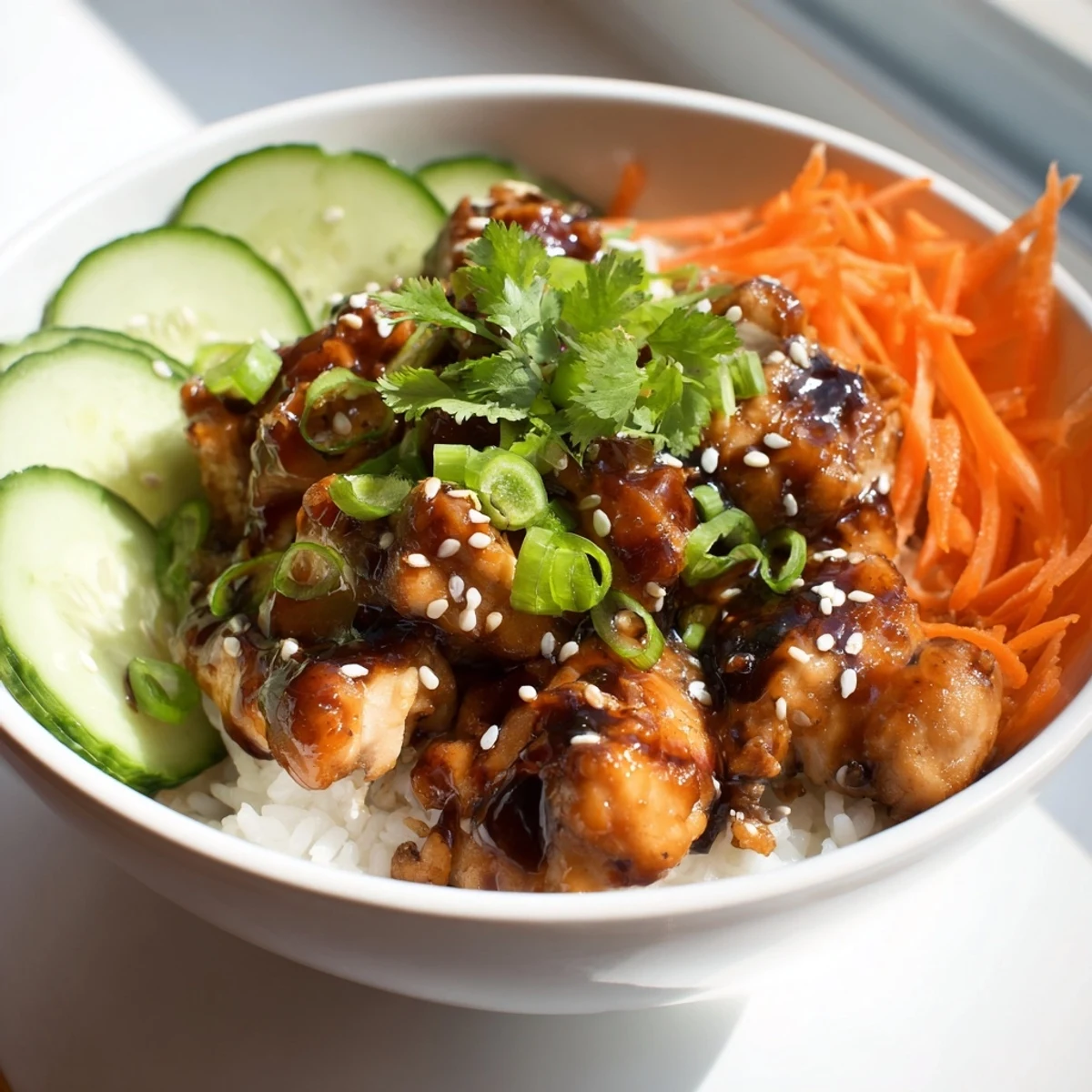 Asian inspired sticky chicken bowl featuring caramelized glazed chicken over rice with shredded carrots and cucumber