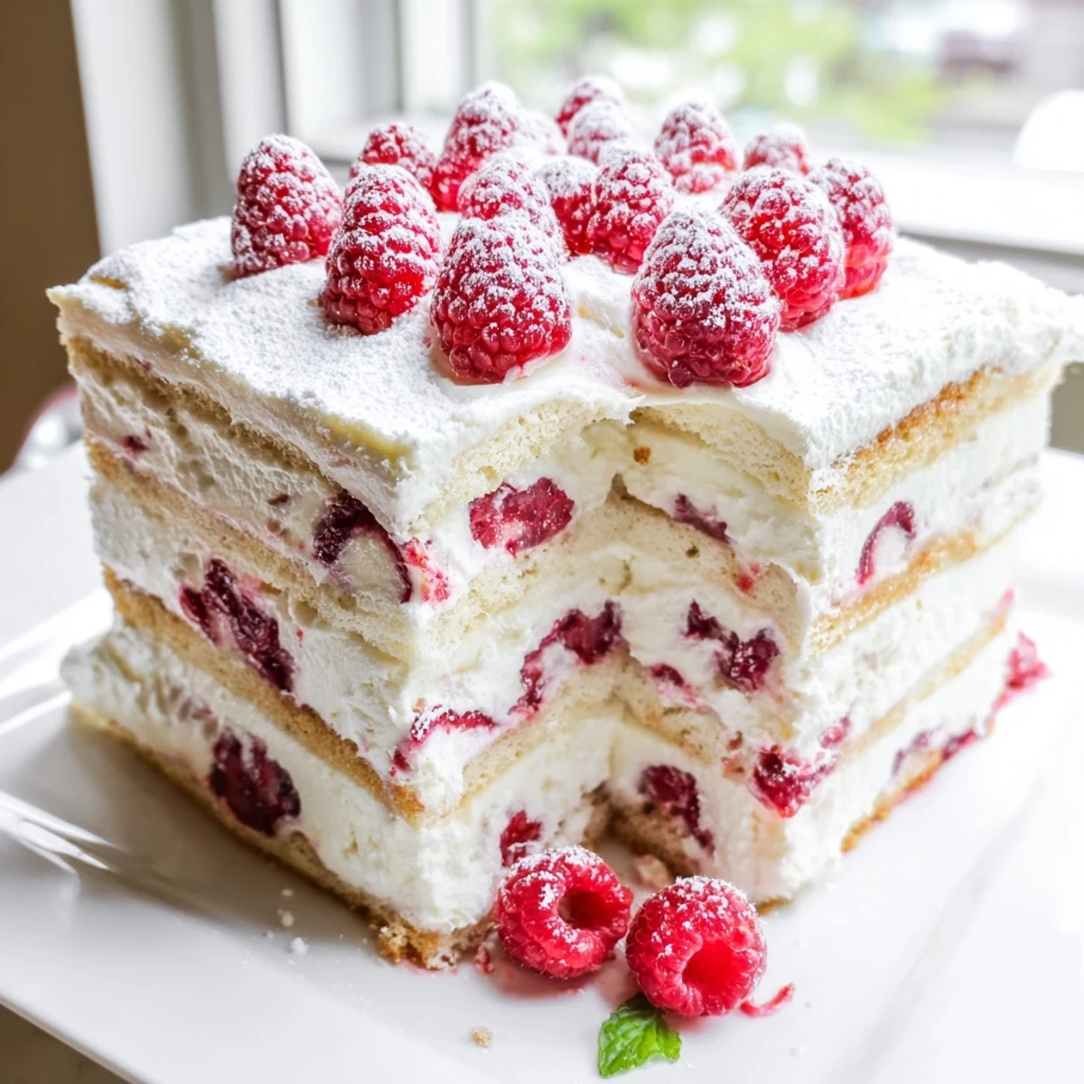 Layered raspberry tiramisu dessert with coffee-soaked ladyfingers and creamy mascarpone topped with fresh red berries