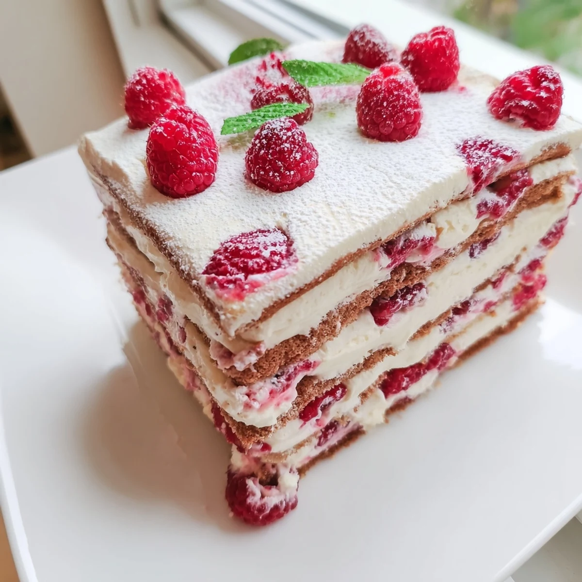 Square glass dish displaying raspberry tiramisu slices with powdered sugar dusting and mint leaf garnish