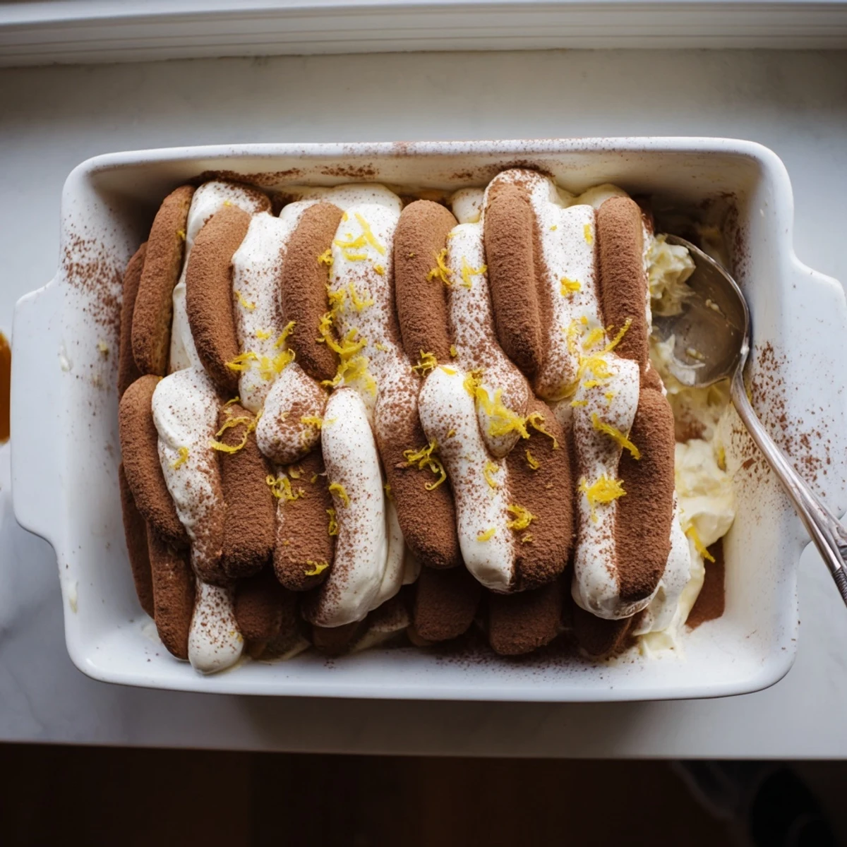 Creamy Earl Grey tiramisu layered with tea-soaked ladyfingers and dusted cocoa powder